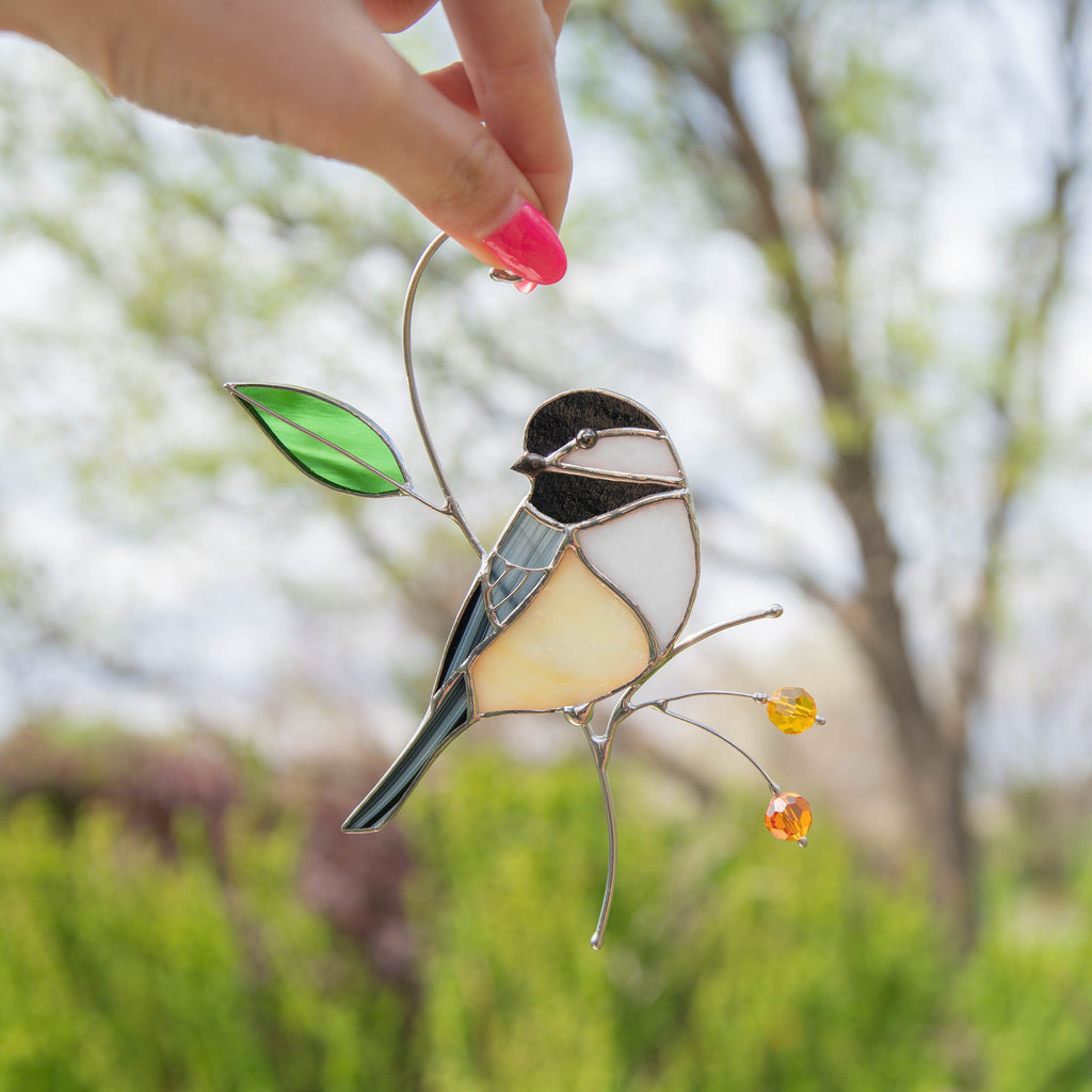 Chickadee stained glass bird suncatcher Unique gifts for him window hangings Spring decor