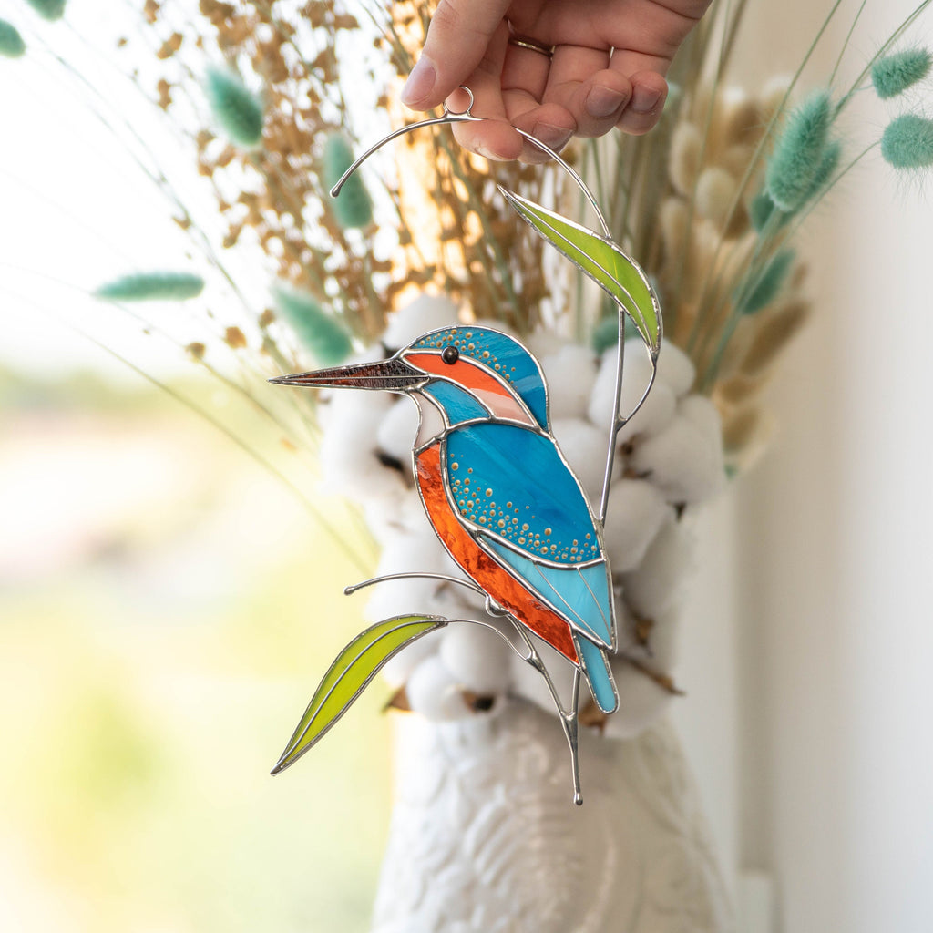 Stained glass bird Kingfisher Unique gift for mom Modern stained glass window hangings Kingfisher art