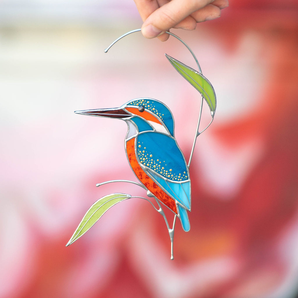 Stained glass bird Kingfisher Unique gift for mom Modern stained glass window hangings Kingfisher art