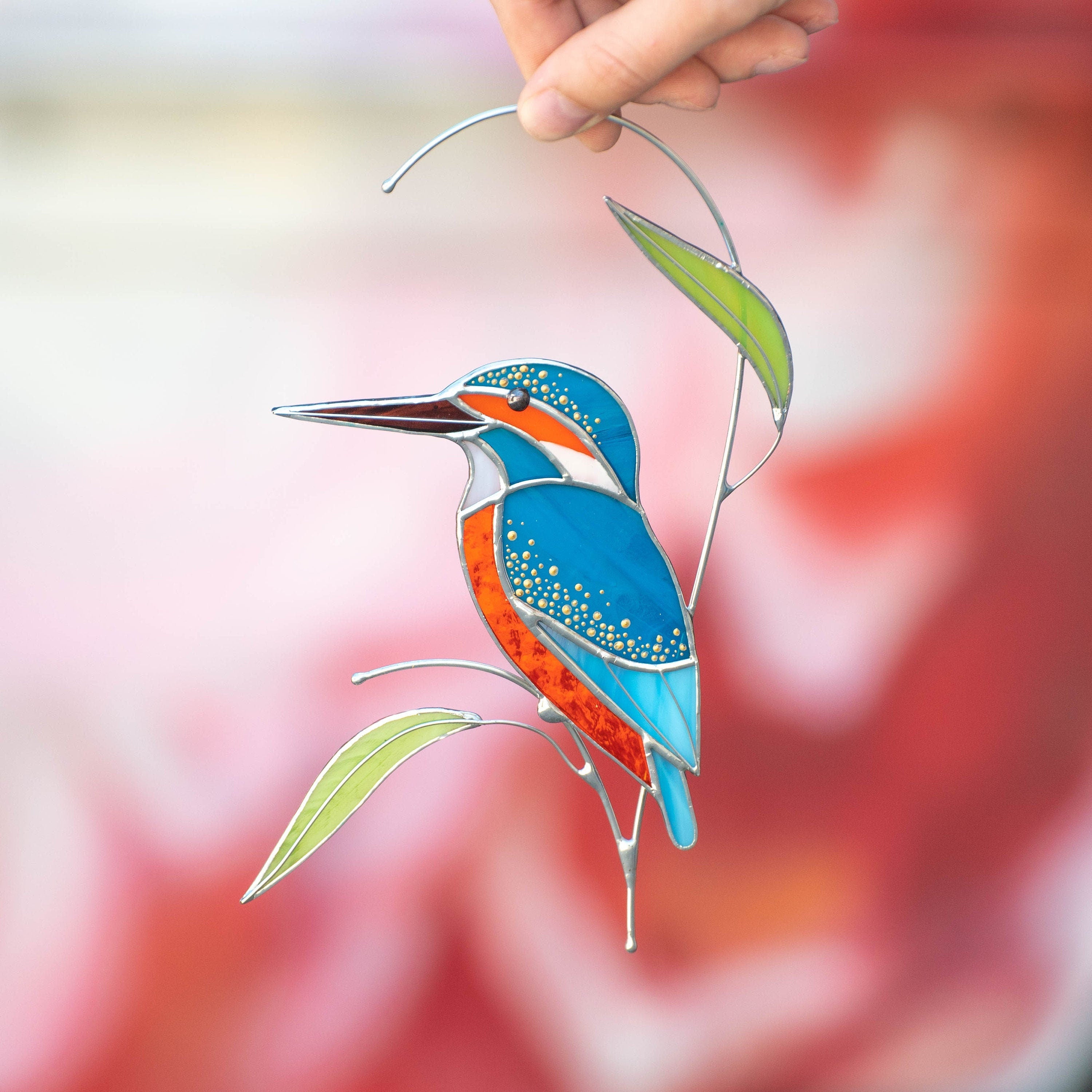 Stained glass bird Kingfisher Unique gift for mom Modern stained glass window hangings Kingfisher art