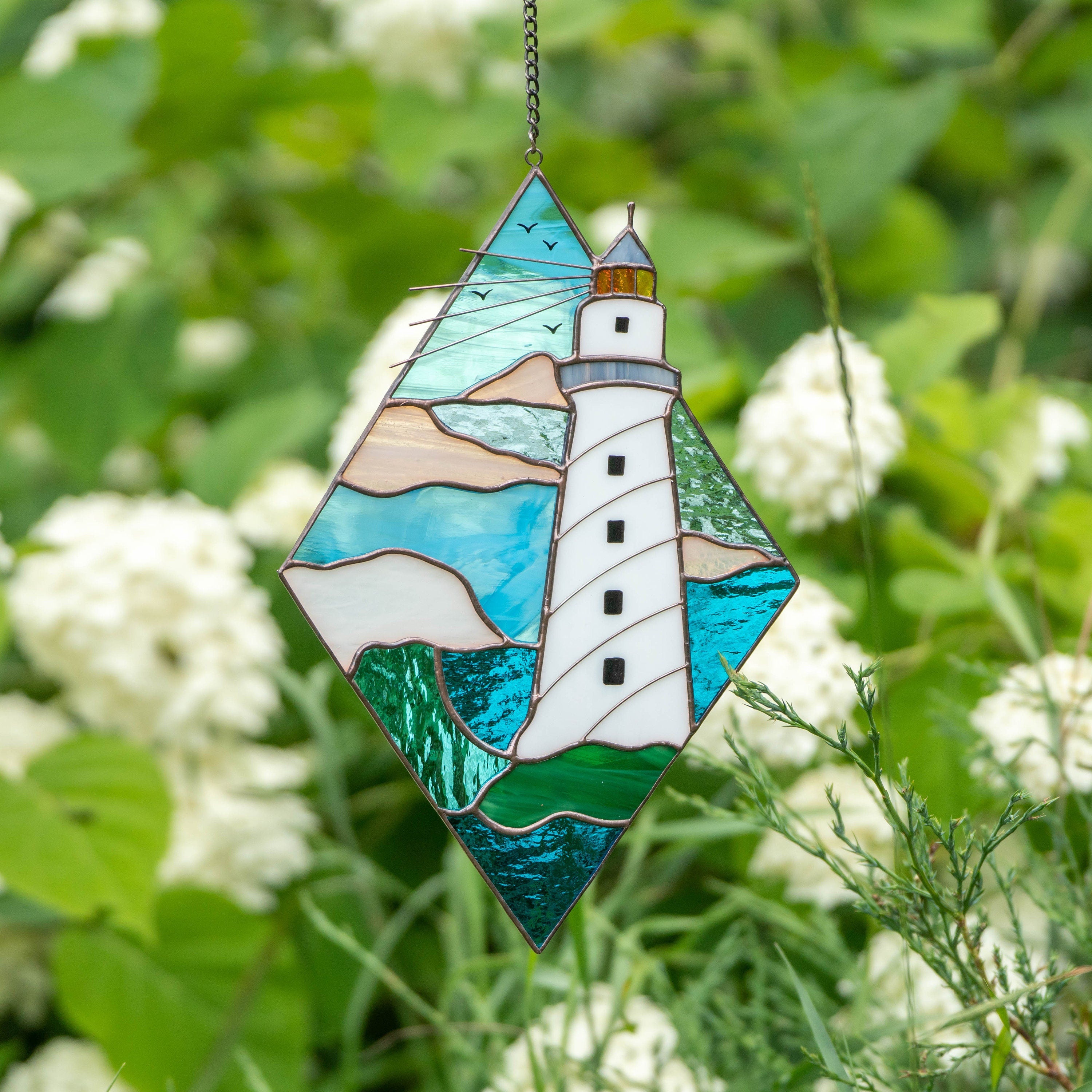 Lighthouse stained glass window hangings Godfather gift Custom stained glass panel Modern stained glass beach glass art Best gift for mom