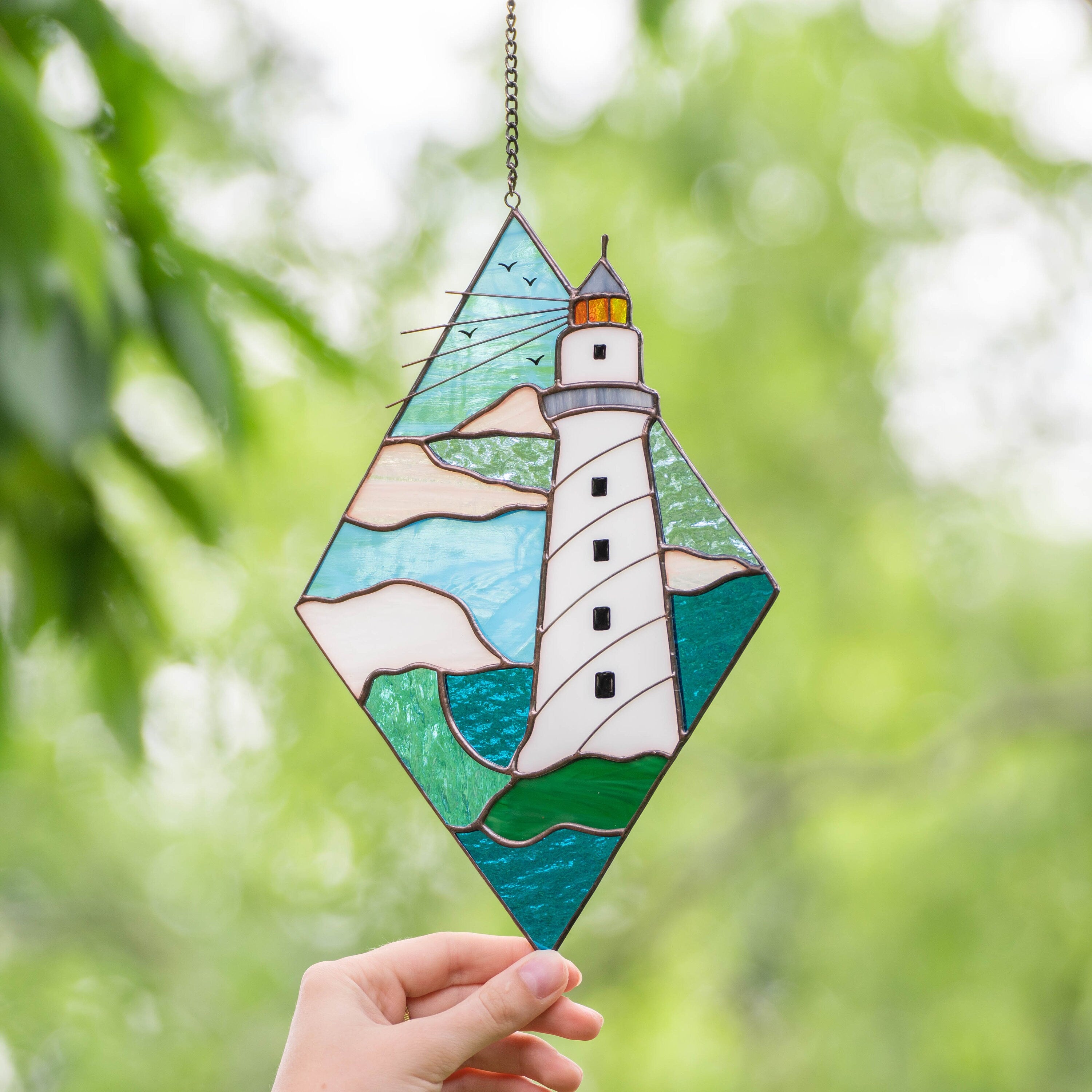 Lighthouse stained glass window hangings Godfather gift Custom stained glass panel Modern stained glass beach glass art Best gift for mom