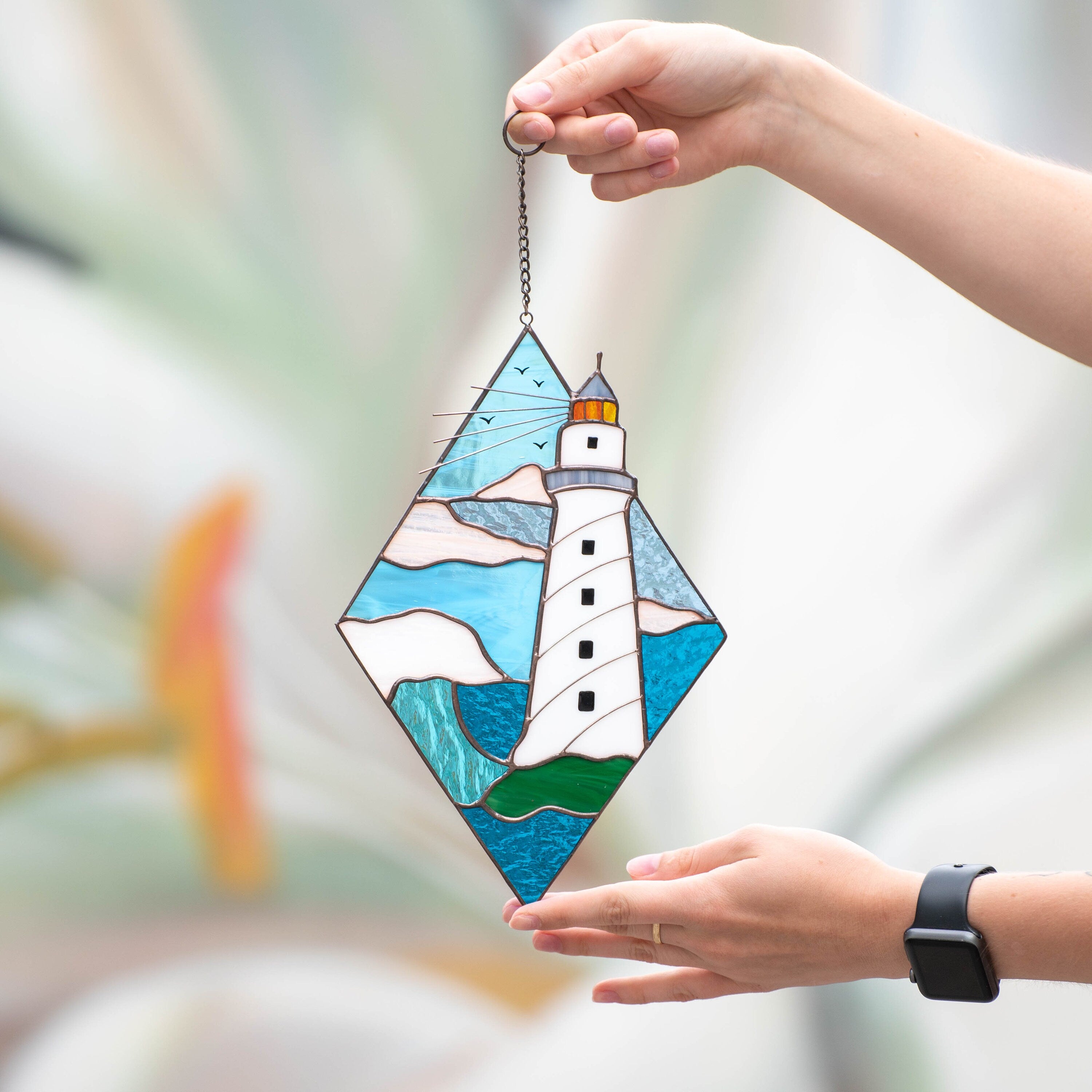 Lighthouse stained glass window hangings Godfather gift Custom stained glass panel Modern stained glass beach glass art Best gift for mom
