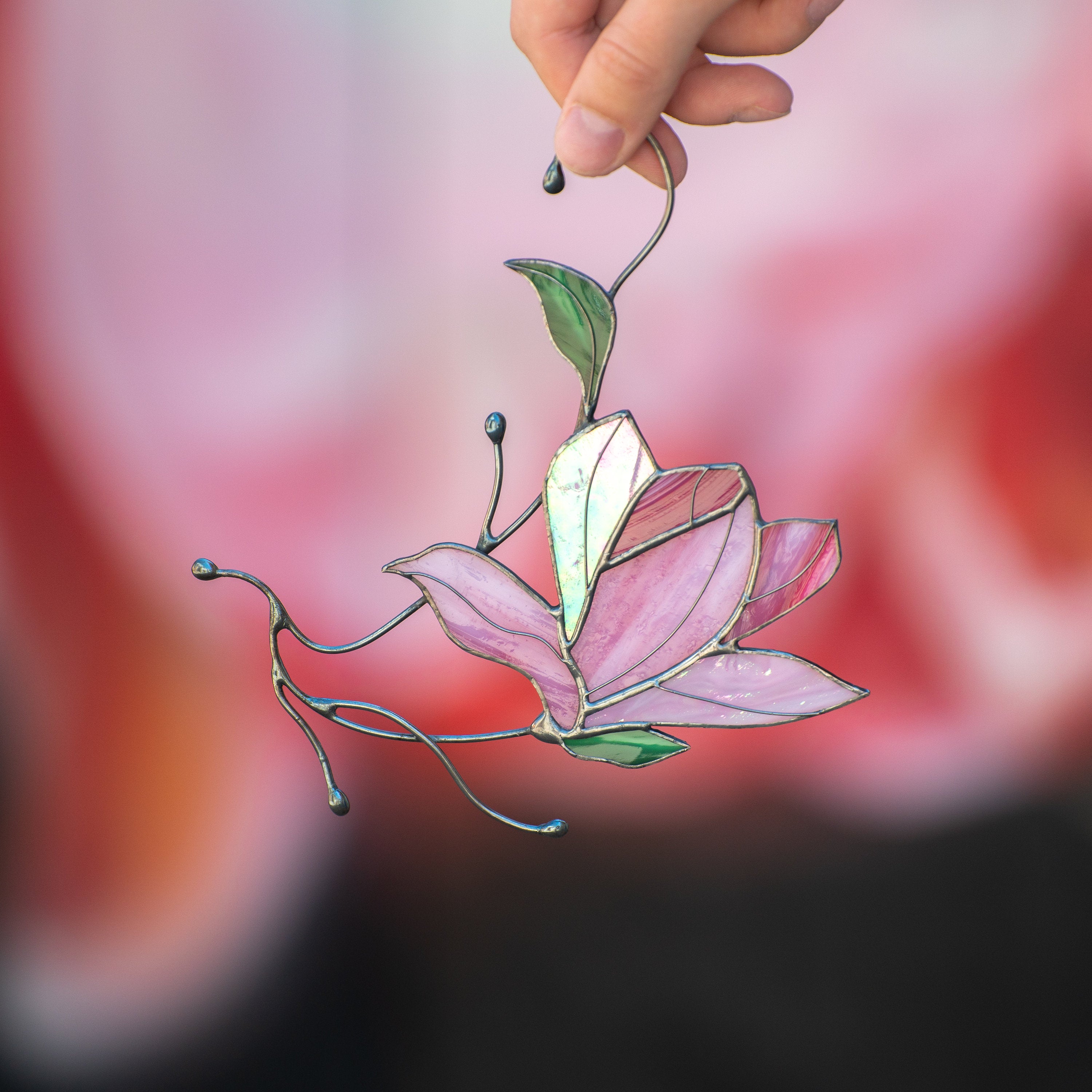 Magnolia stained glass window hangings Unique gift for mom Stained glass flower suncatcher Modern stained glass plant decor