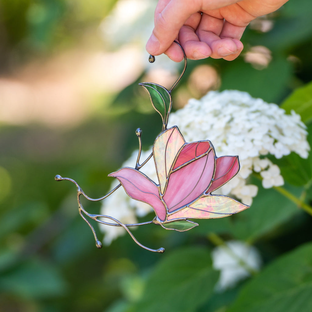 Magnolia stained glass window hangings Unique gift for mom Stained glass flower suncatcher Modern stained glass plant decor