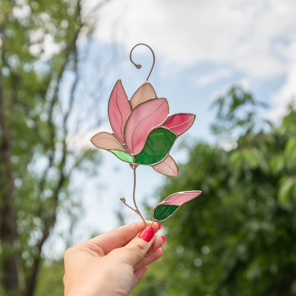 Magnolia stained glass window hangings Unique gift for mom Stained glass flower suncatcher Modern stained glass plant decor