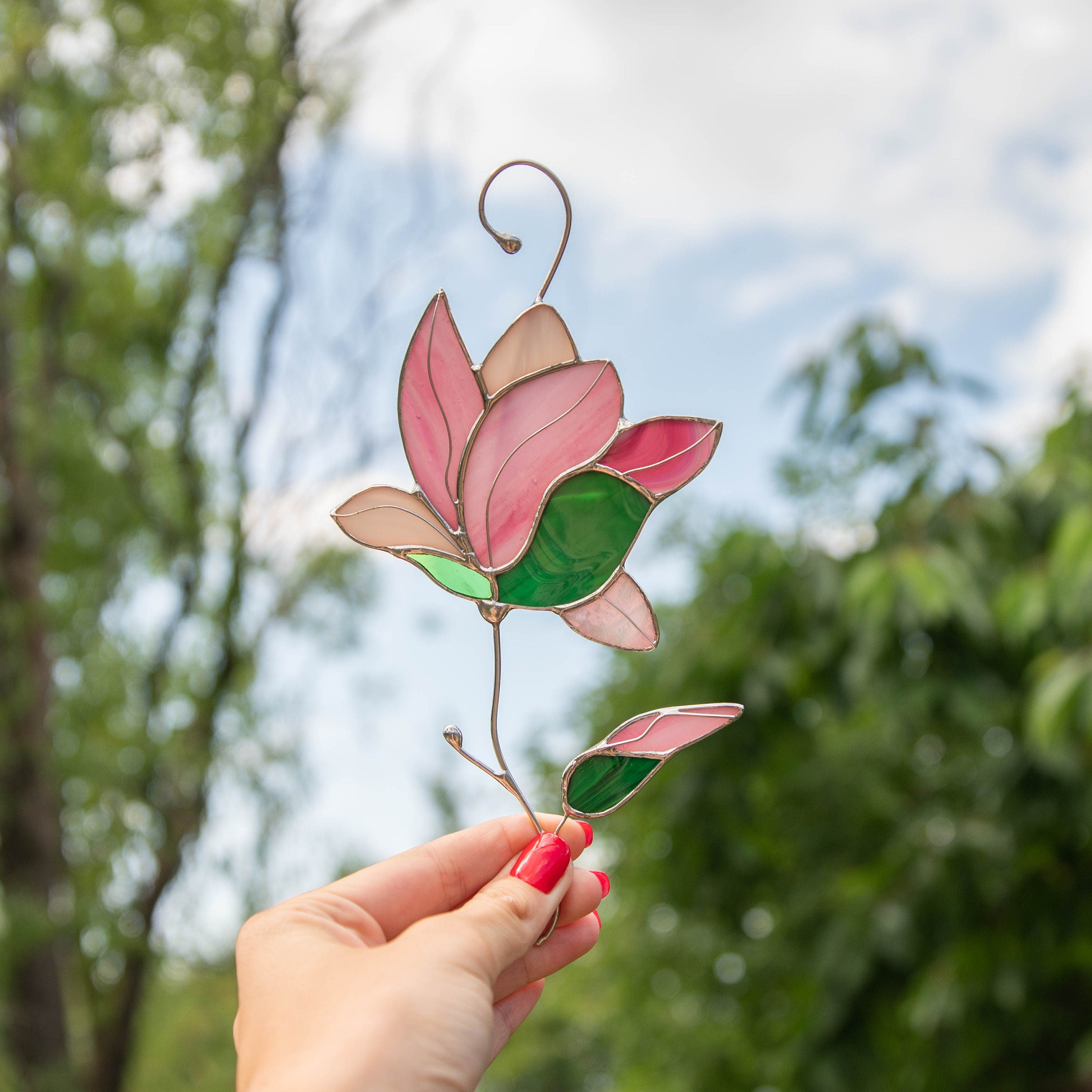 Magnolia stained glass window hangings Unique gift for mom Stained glass flower suncatcher Modern stained glass plant decor