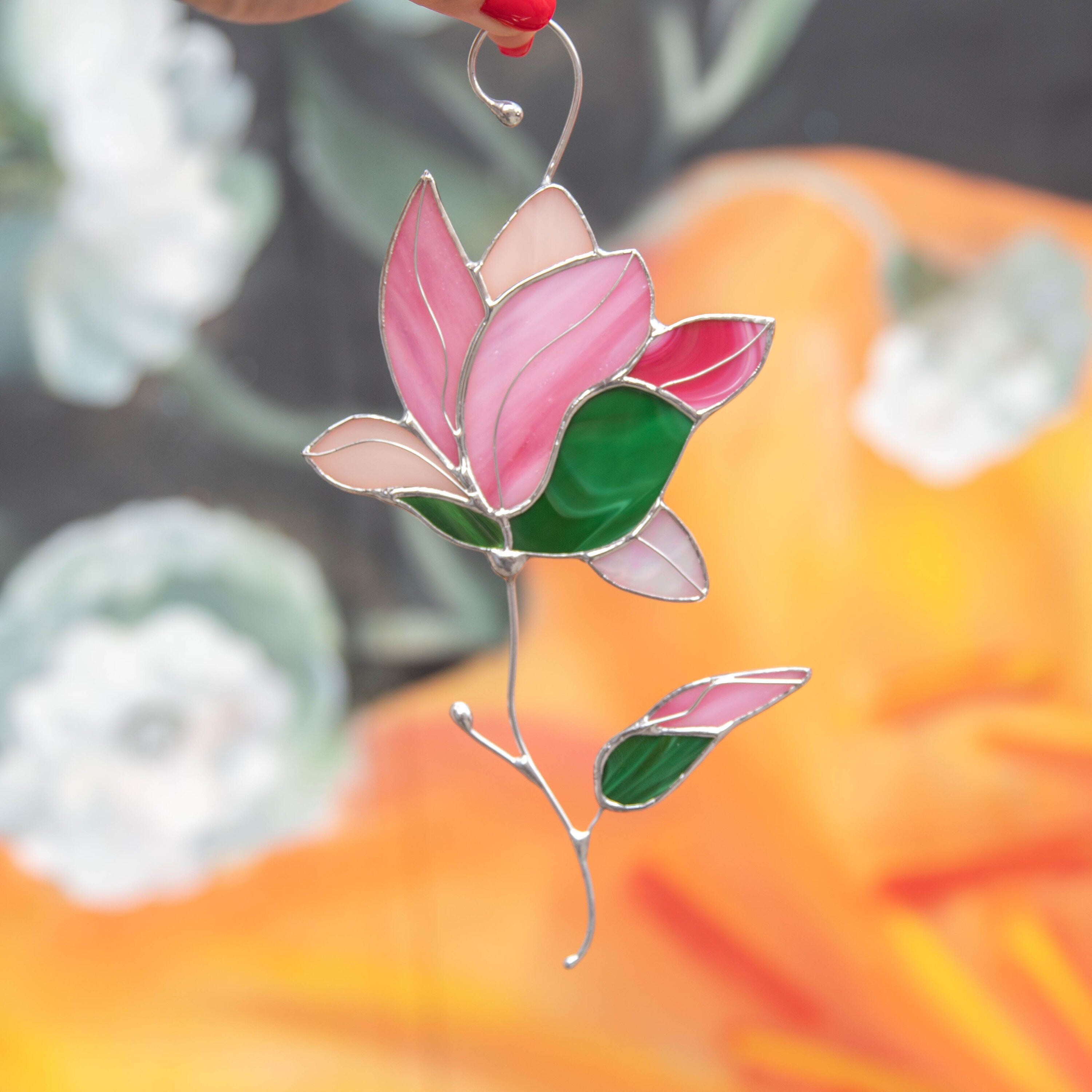 Magnolia stained glass window hangings Unique gift for mom Stained glass flower suncatcher Modern stained glass plant decor