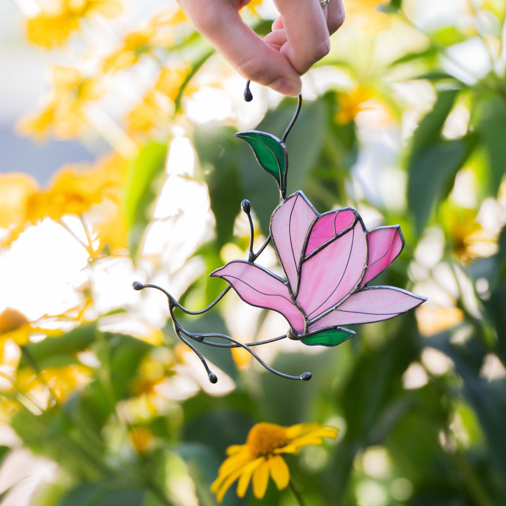 Magnolia stained glass window hangings Unique gift for mom Stained glass flower suncatcher Modern stained glass plant decor