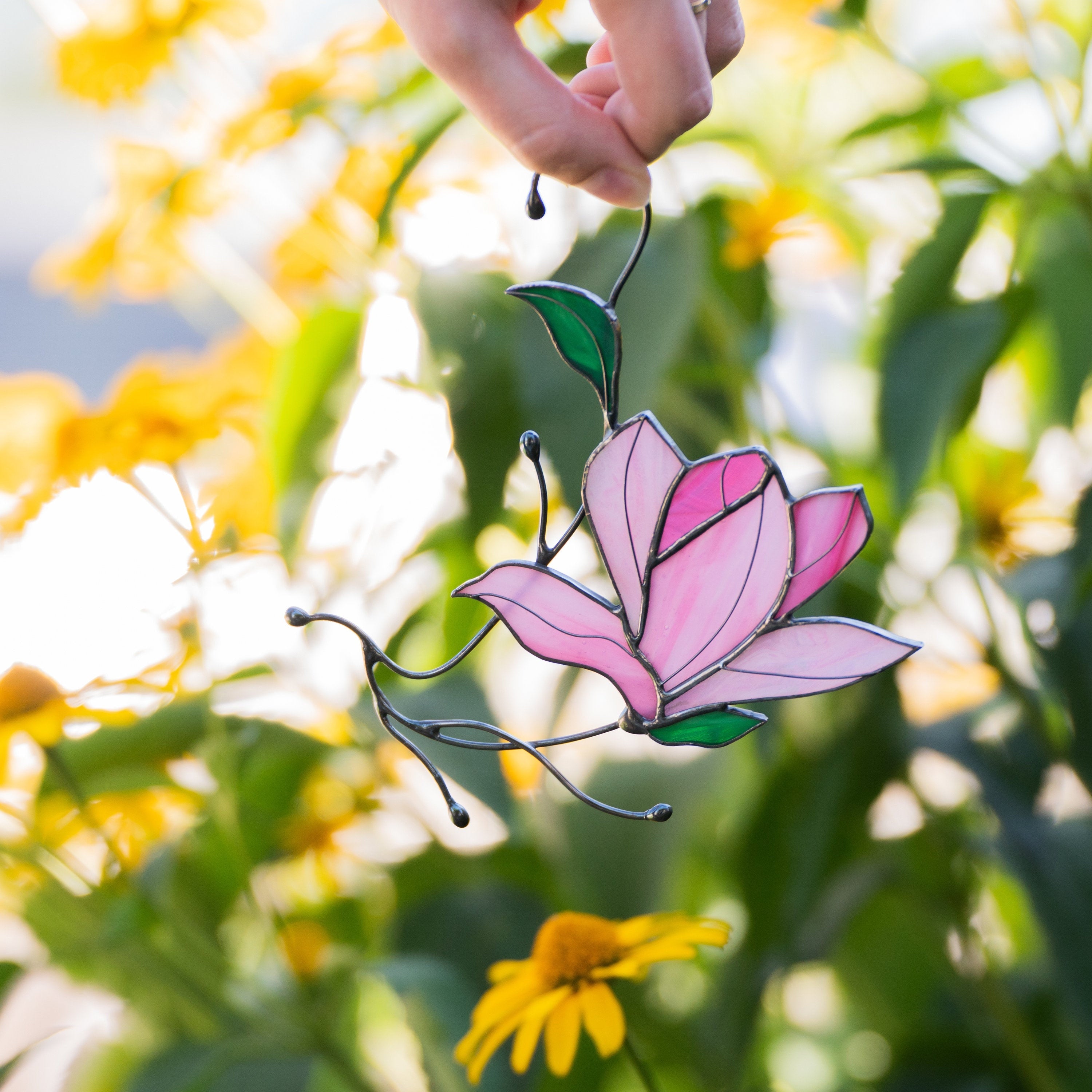 Magnolia stained glass window hangings Unique gift for mom Stained glass flower suncatcher Modern stained glass plant decor