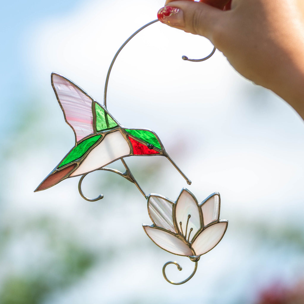 Hummingbird stained glass window hangings First mothers day gift Humming Custom stained glass bird ornament Flower suncatcher
