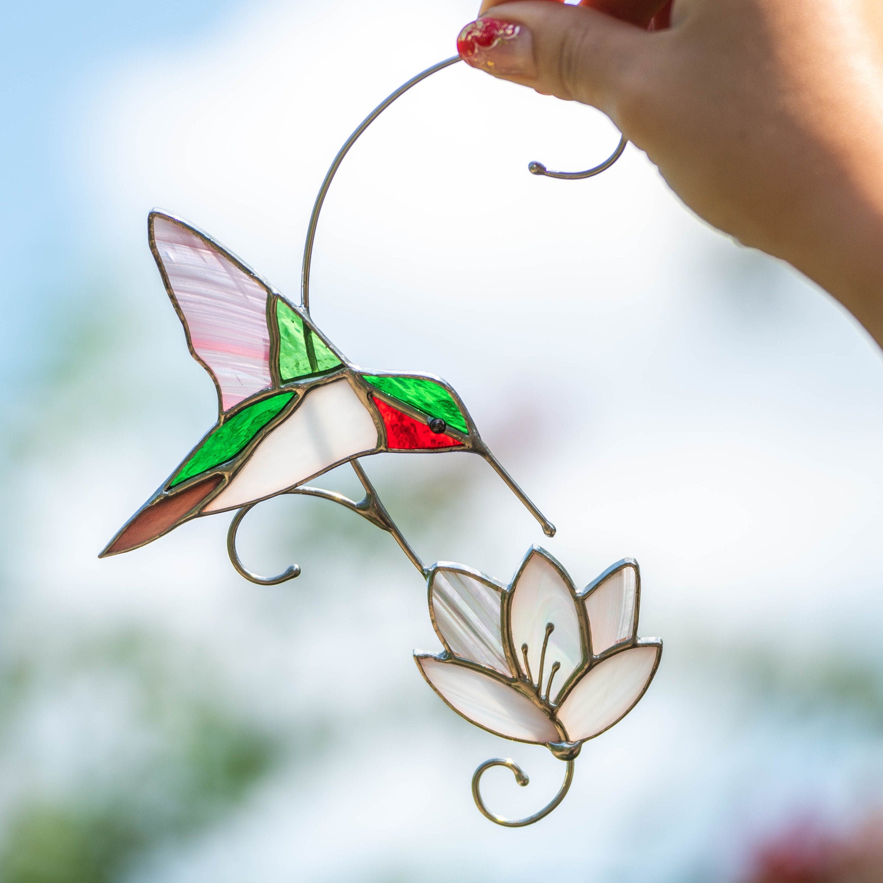 Hummingbird stained glass window hangings First mothers day gift Humming Custom stained glass bird ornament Flower suncatcher