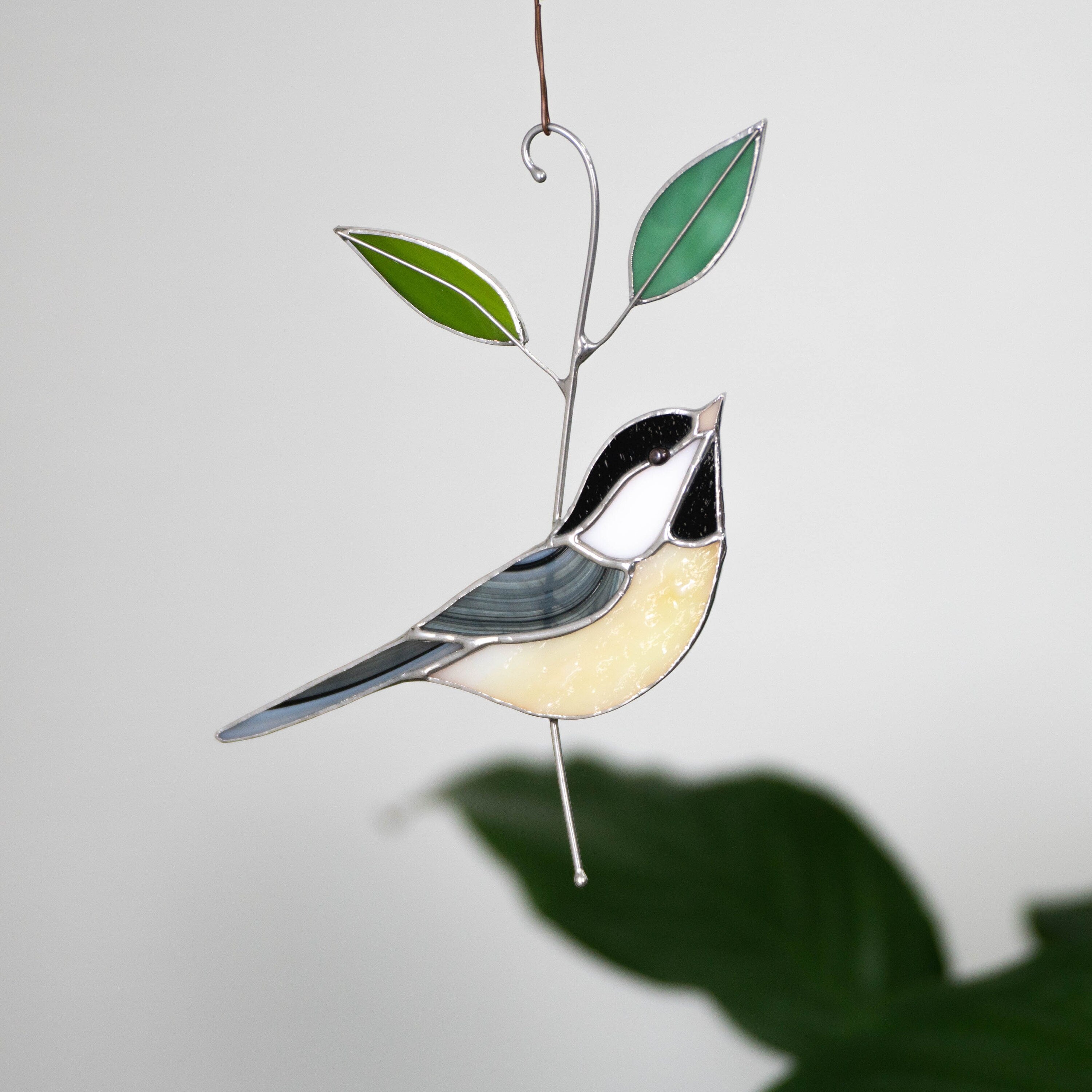 Black capped chickadee stained glass window hangings Grandma gifts Modern stained glass bird suncatcher Original wildlife art