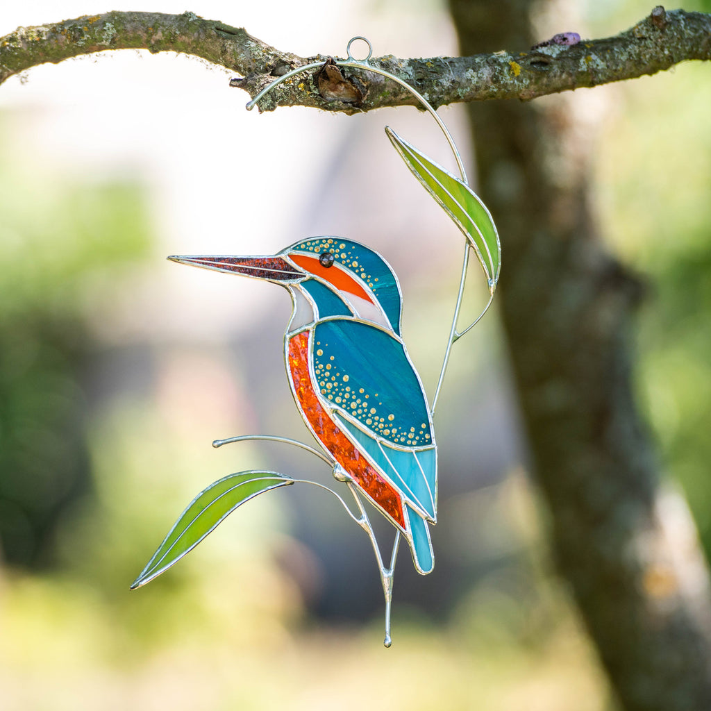 Stained glass bird Kingfisher Unique gift for mom Modern stained glass window hangings Kingfisher art