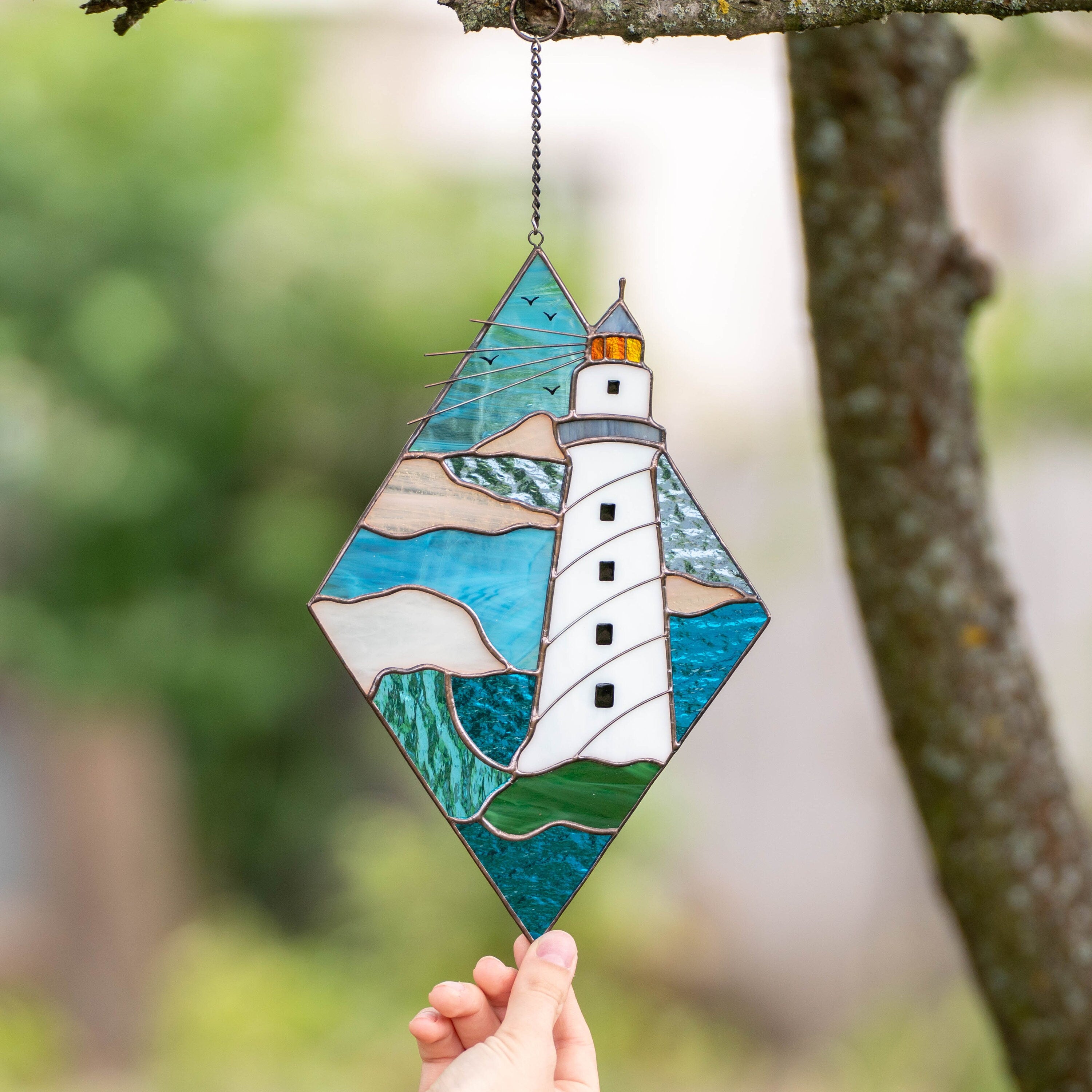 Lighthouse stained glass window hangings Godfather gift Custom stained glass panel Modern stained glass beach glass art Best gift for mom
