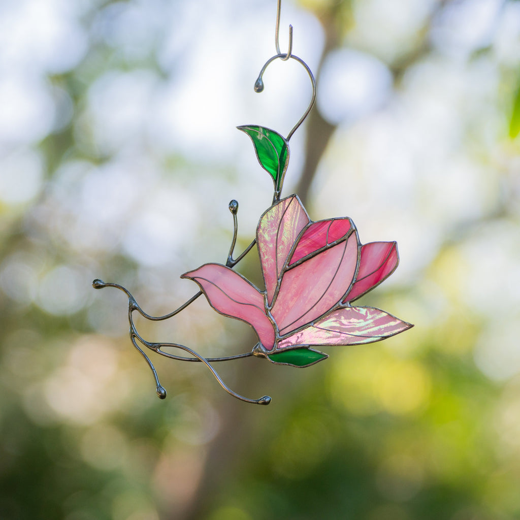 Magnolia stained glass window hangings Unique gift for mom Stained glass flower suncatcher Modern stained glass plant decor