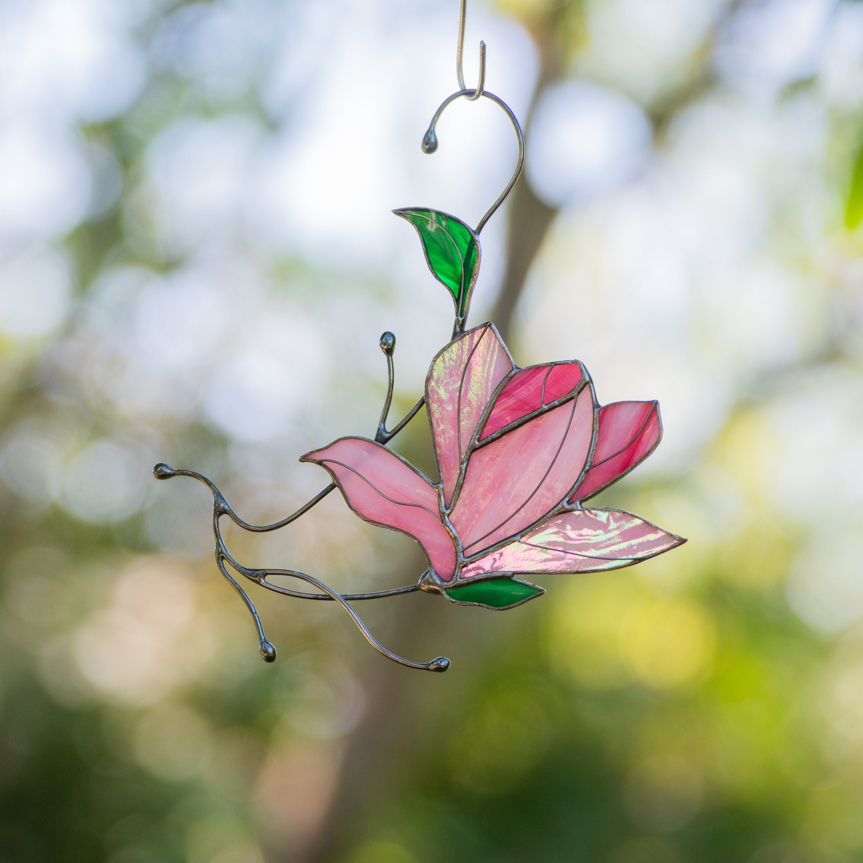 Magnolia stained glass window hangings Unique gift for mom Stained glass flower suncatcher Modern stained glass plant decor