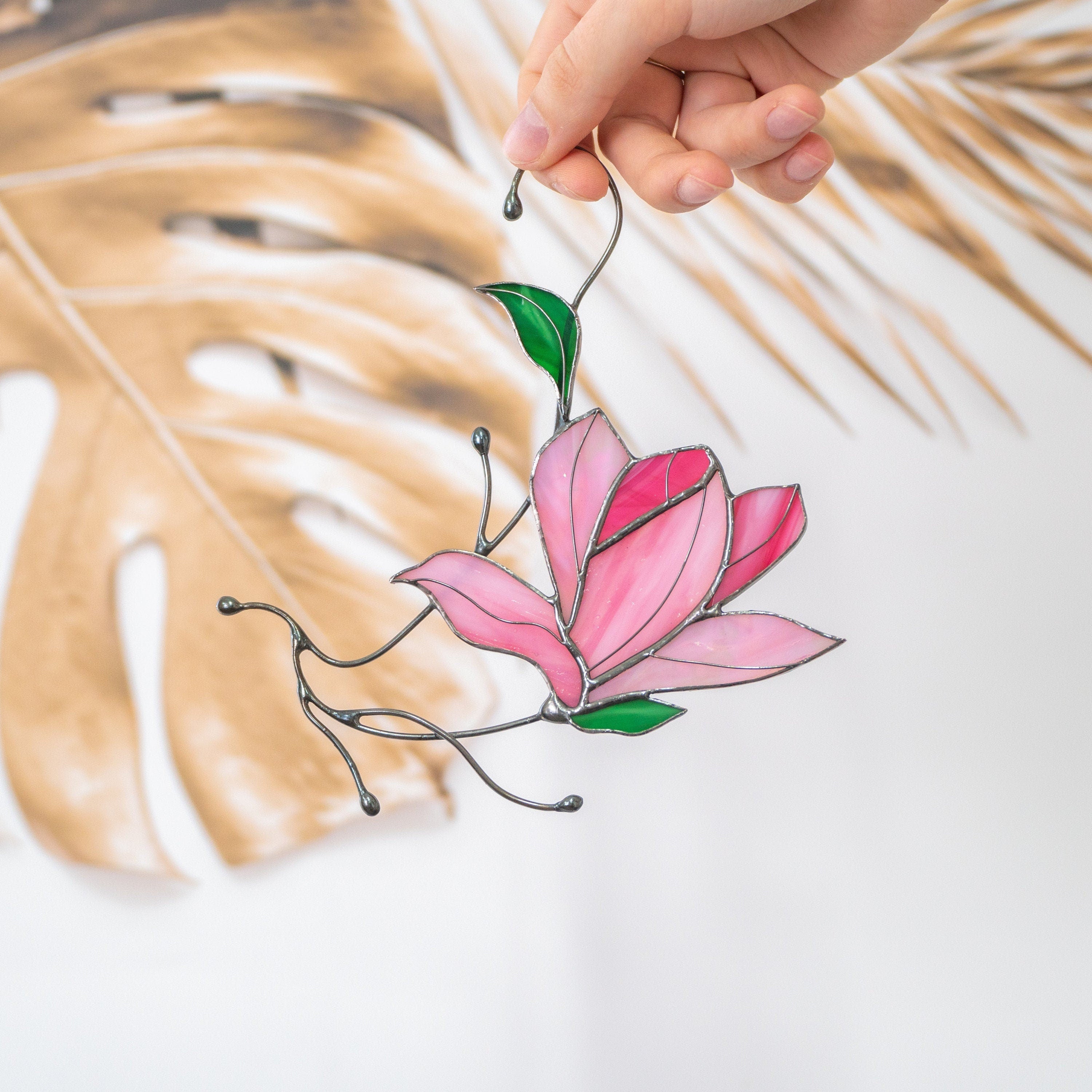 Magnolia stained glass window hangings Unique gift for mom Stained glass flower suncatcher Modern stained glass plant decor