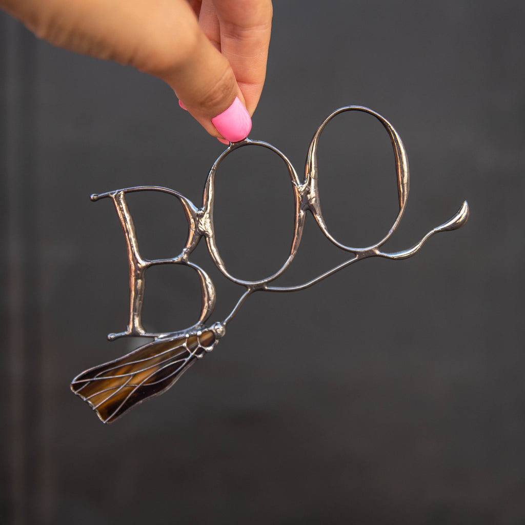 Boo to You Halloween stained glass window hangings Halloween gifts Custom stained glass witches broom Halloween spirit Spooky ornaments