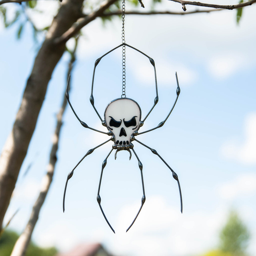 Spider stained glass window hangings Halloween stained glass suncatcher Human skull horror decor Halloween gifts
