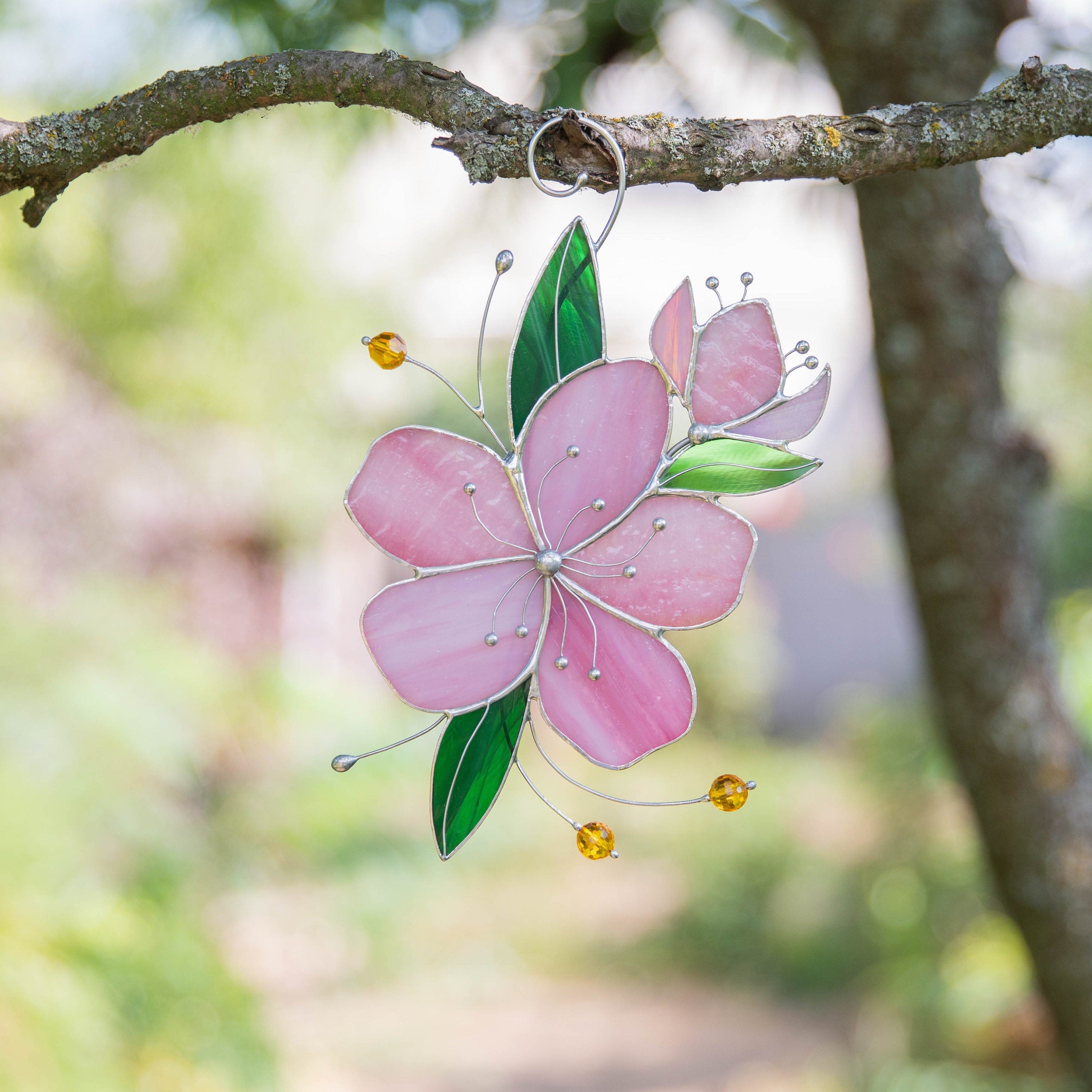 Sakura stained glass window hangings Mother in law gift Stained glass flower suncatcher Handmade gifts