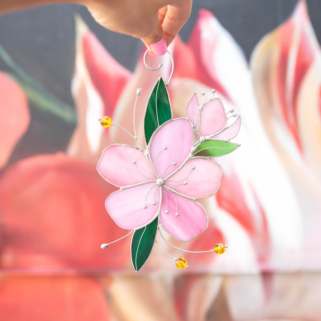 Sakura stained glass window hangings Mother in law gift Stained glass flower suncatcher Handmade gifts