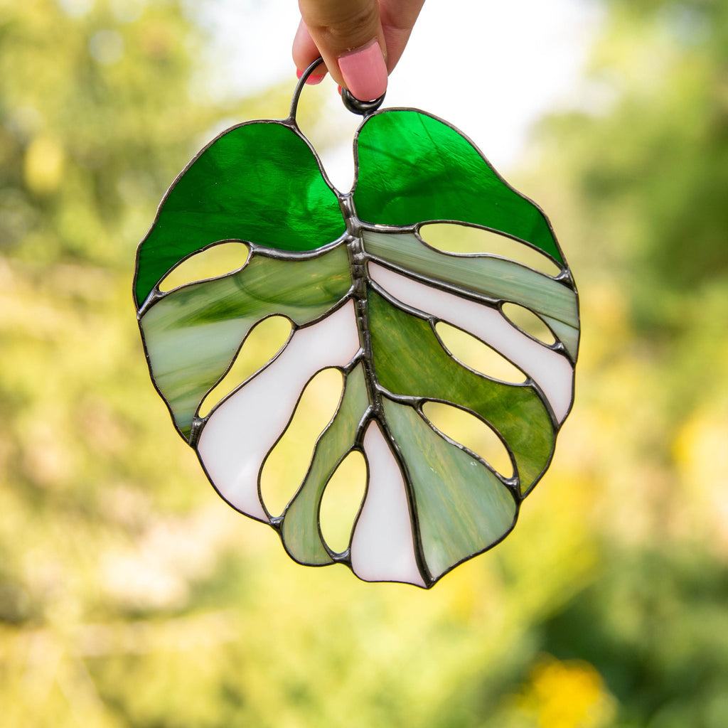 Variegated monstera stained glass plant St Patricks Day Custom stained glass window hangings Grandparent gifts Stained glass suncatcher