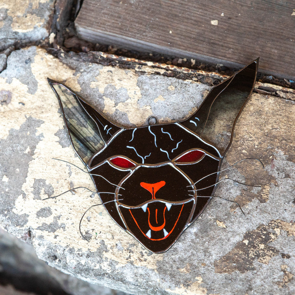 Stained glass cat Halloween decor indoor Custom stained glass window hangings Halloween suncatcher Modern stained glass Halloween gifts