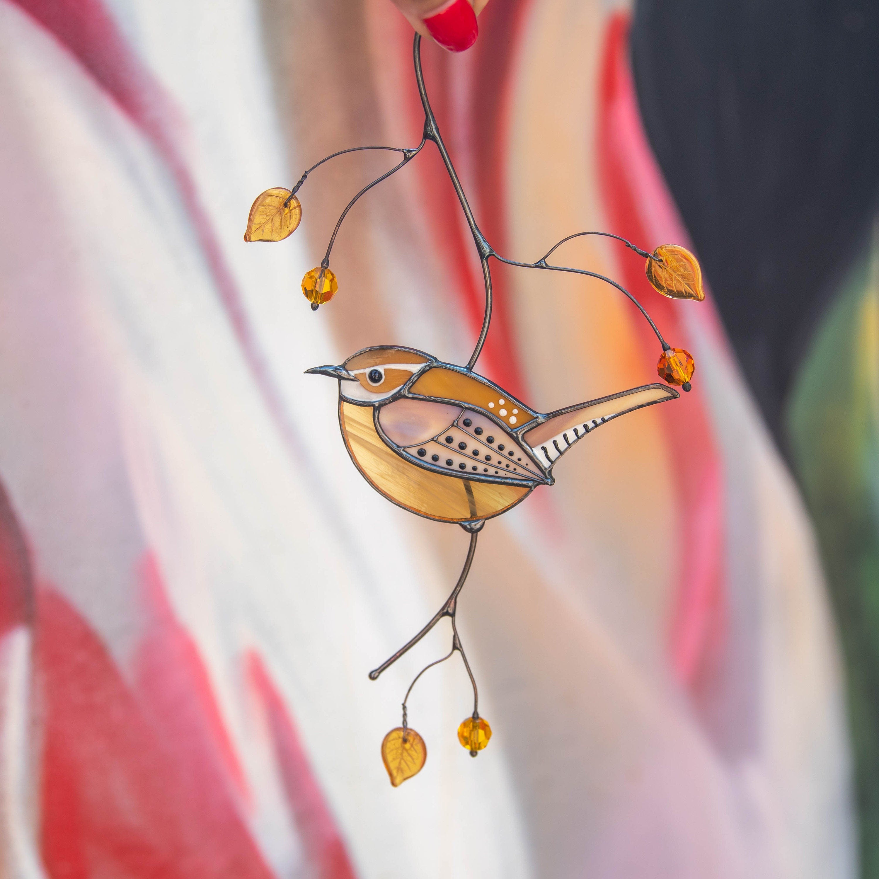 Carolina Wren stained glass bird suncatcher Mother in law gifts Custom stained glass window hangings House warming gifts new home