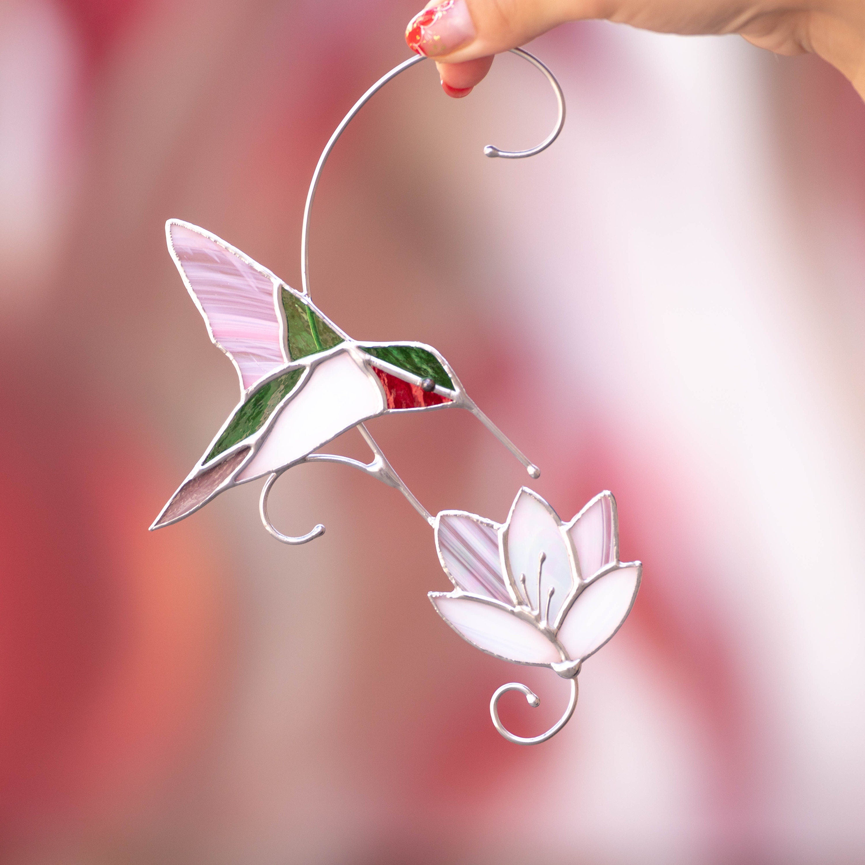 Hummingbird stained glass window hangings First mothers day gift Humming Custom stained glass bird ornament Flower suncatcher