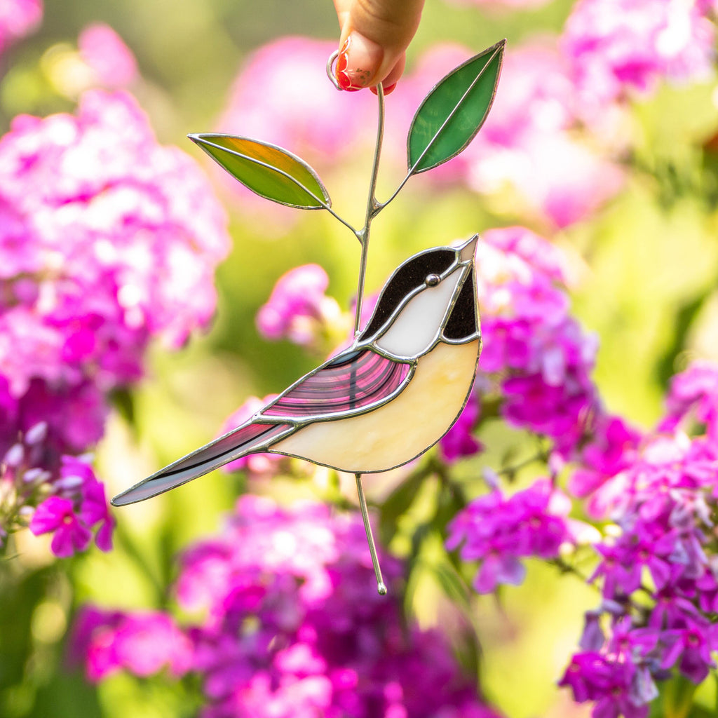Black capped chickadee stained glass window hangings Grandma gifts Modern stained glass bird suncatcher Original wildlife art