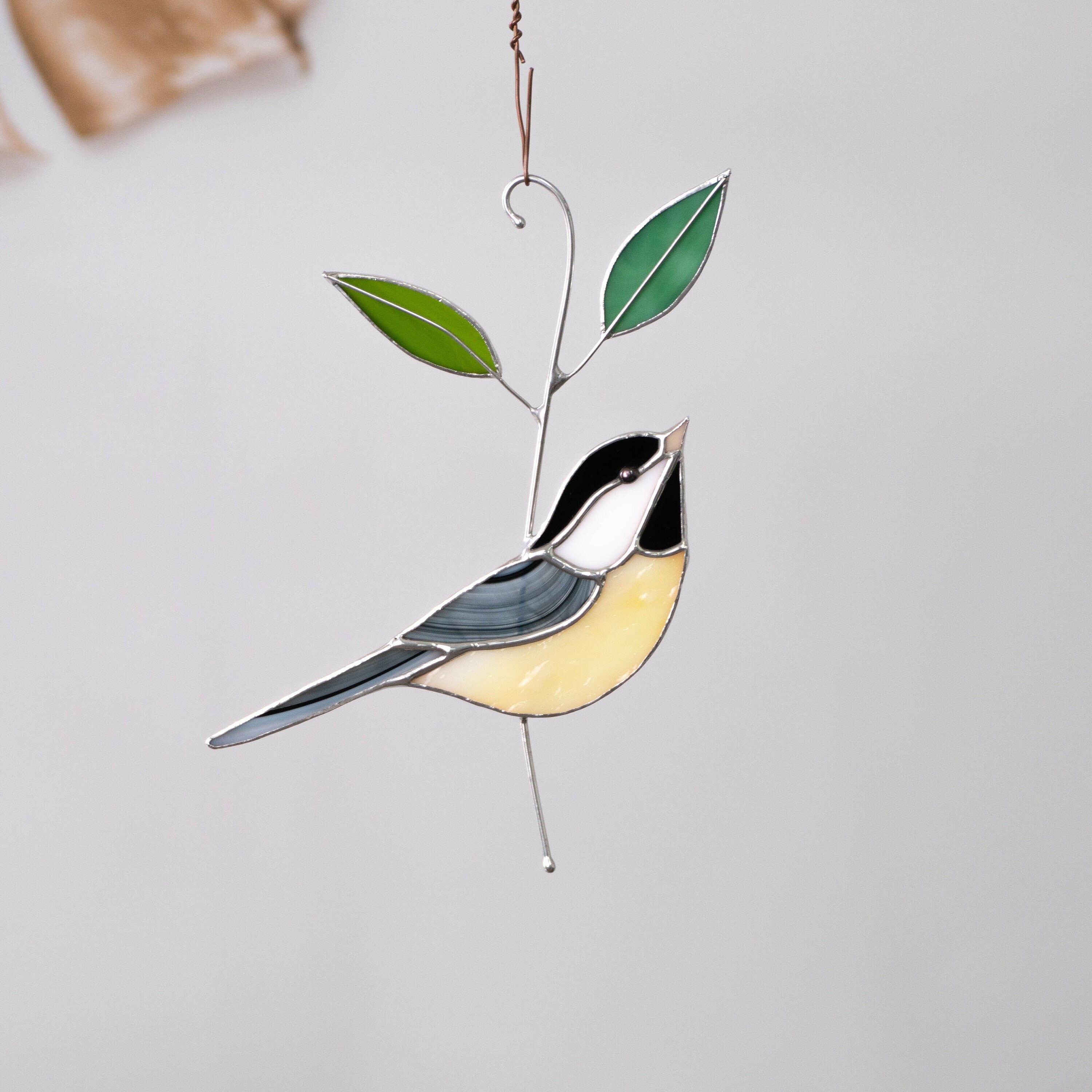 Black capped chickadee stained glass window hangings Grandma gifts Modern stained glass bird suncatcher Original wildlife art