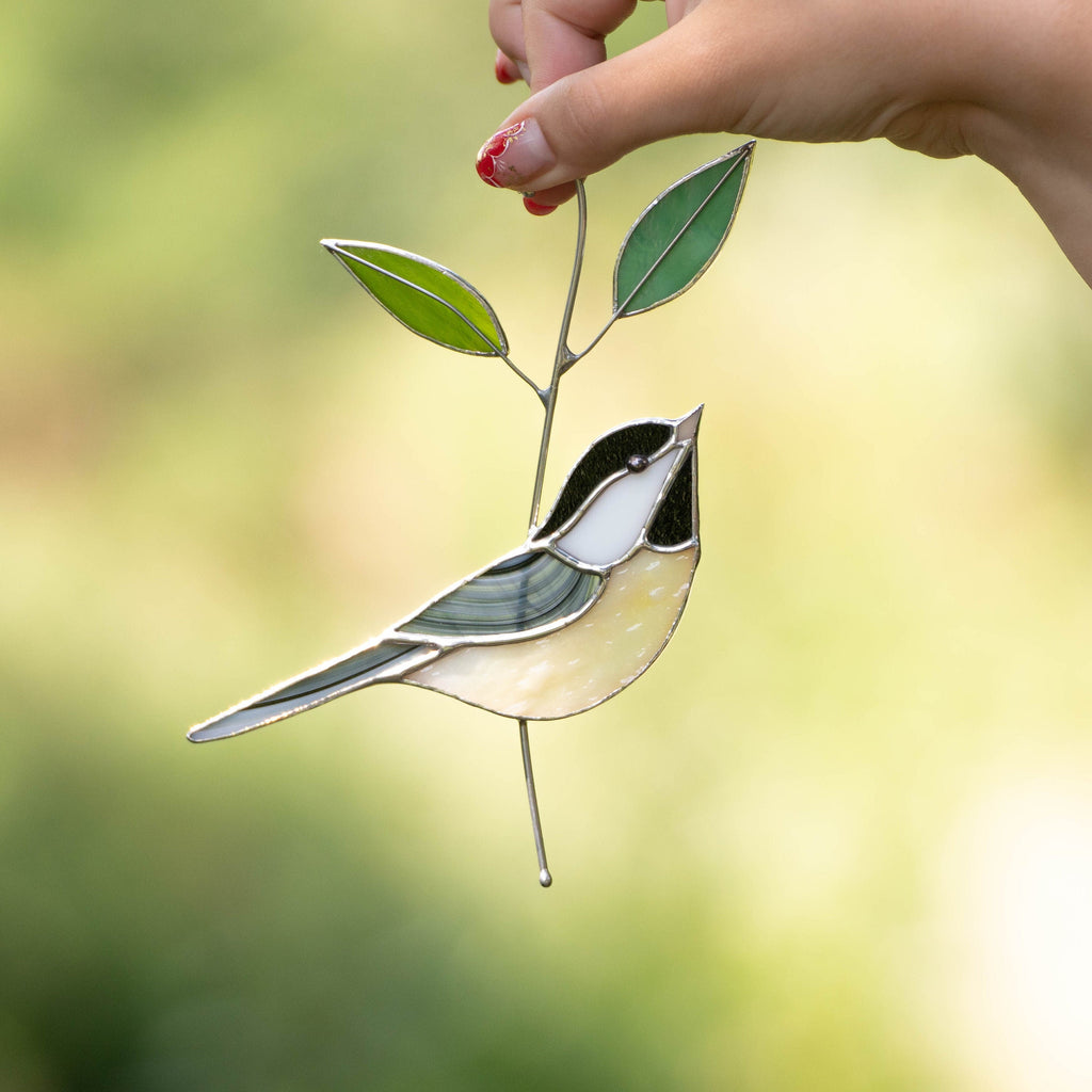 Black capped chickadee stained glass window hangings Grandma gifts Modern stained glass bird suncatcher Original wildlife art