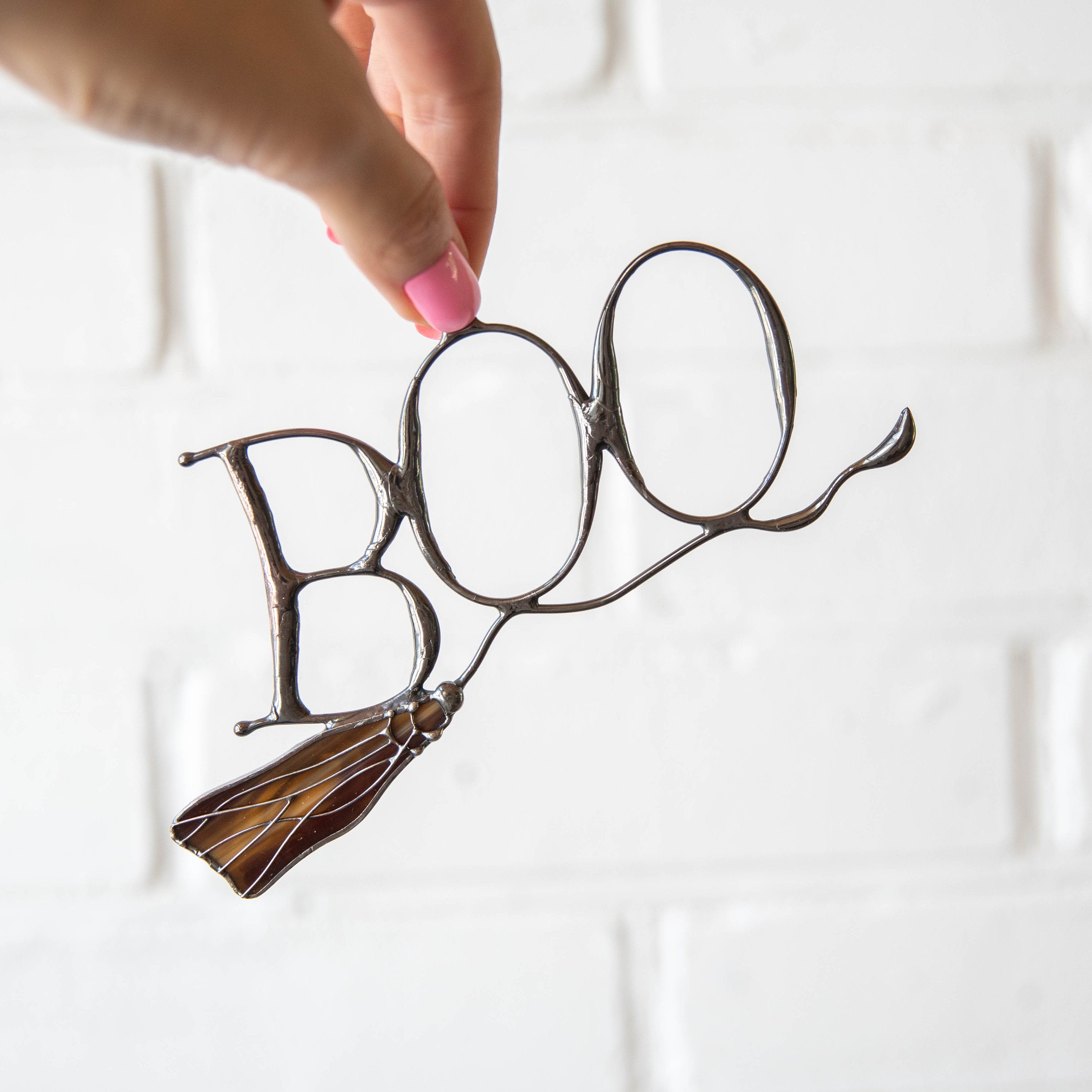 Boo to You Halloween stained glass window hangings Halloween gifts Custom stained glass witches broom Halloween spirit Spooky ornaments