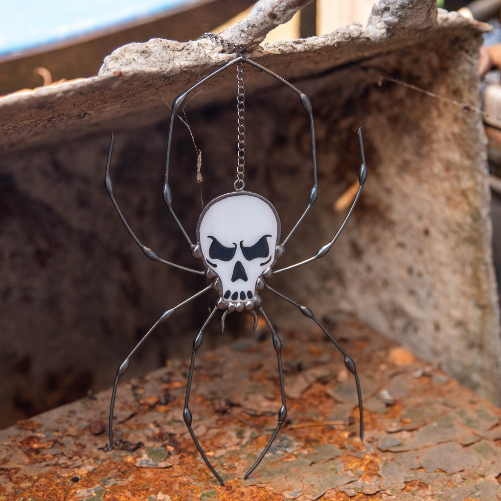 Spider stained glass window hangings Halloween stained glass suncatcher Human skull horror decor Halloween gifts