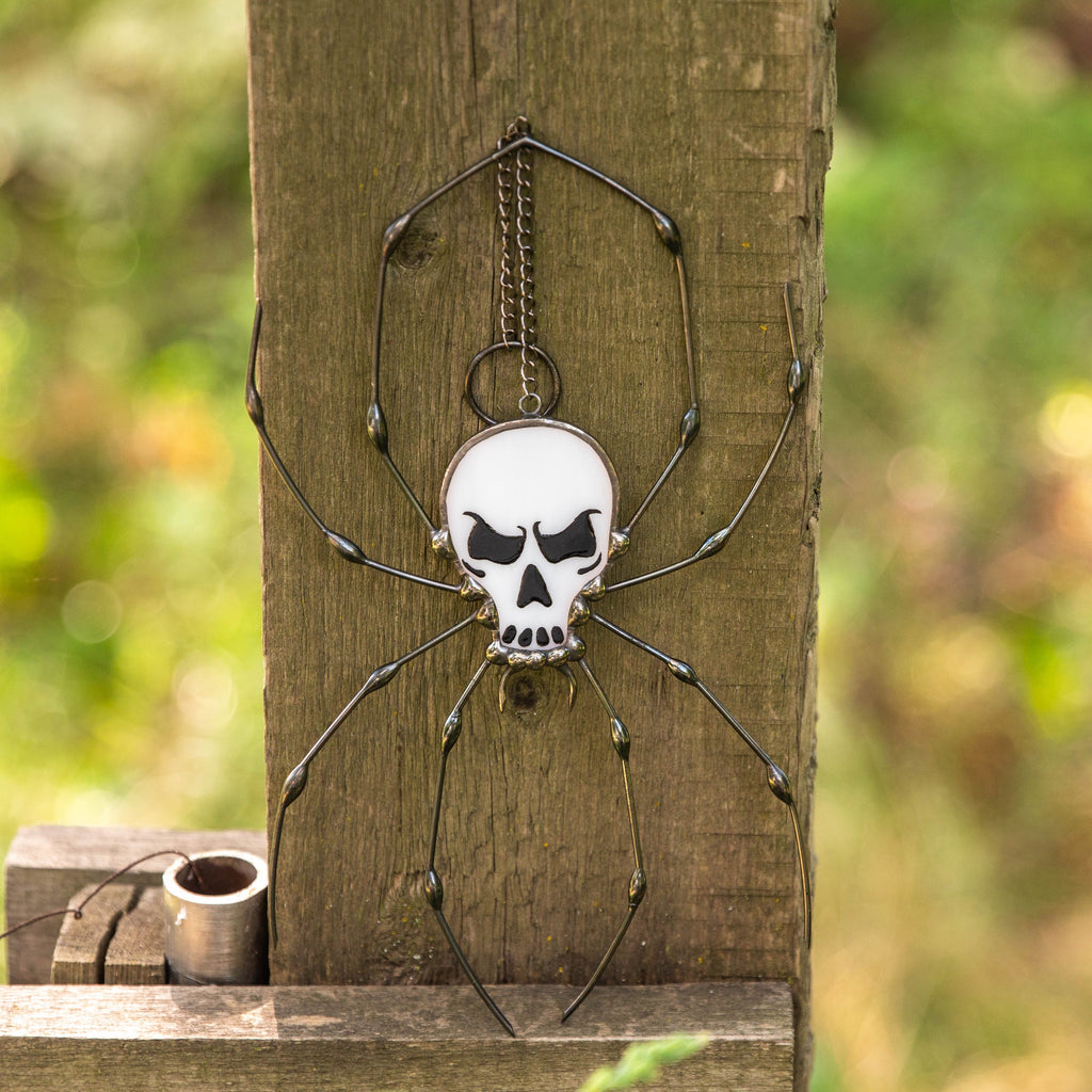 Spider stained glass window hangings Halloween stained glass suncatcher Human skull horror decor Halloween gifts