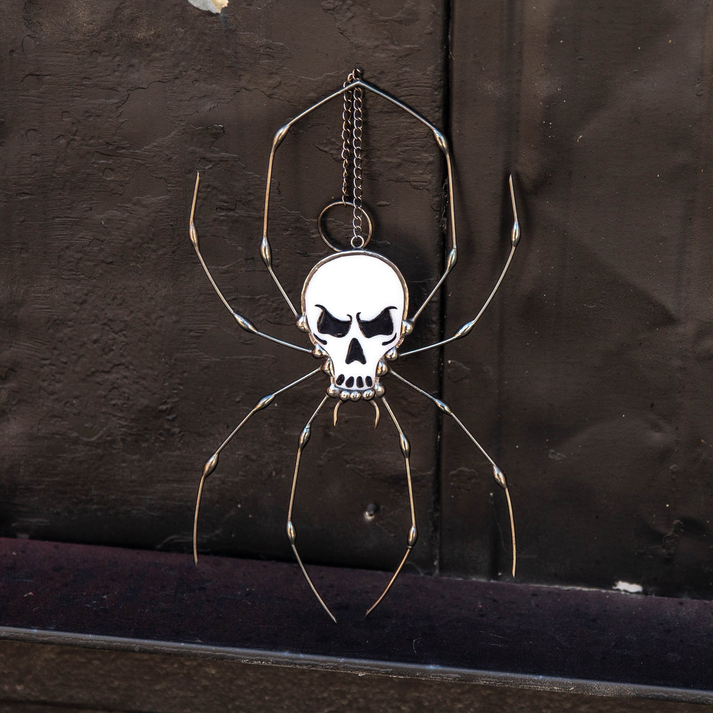 Spider stained glass window hangings Halloween stained glass suncatcher Human skull horror decor Halloween gifts
