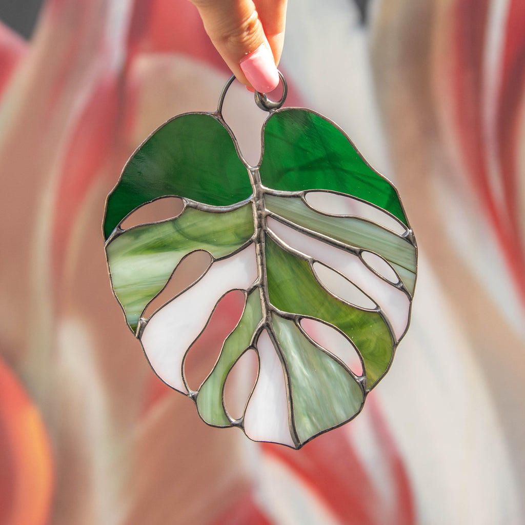 Variegated monstera stained glass plant St Patricks Day Custom stained glass window hangings Grandparent gifts Stained glass suncatcher