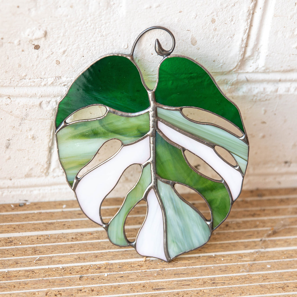 Variegated monstera stained glass plant St Patricks Day Custom stained glass window hangings Grandparent gifts Stained glass suncatcher