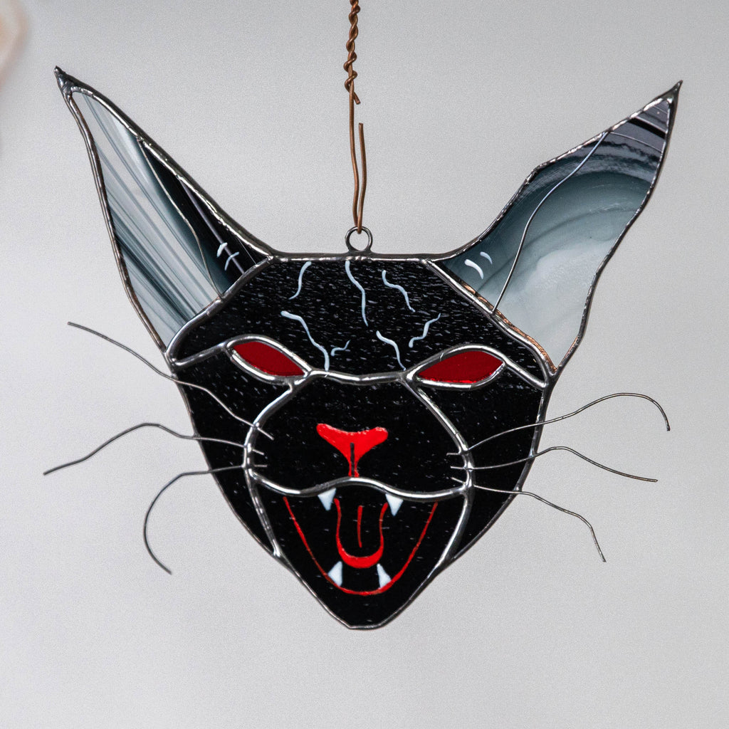 Stained glass cat Halloween decor indoor Custom stained glass window hangings Halloween suncatcher Modern stained glass Halloween gifts