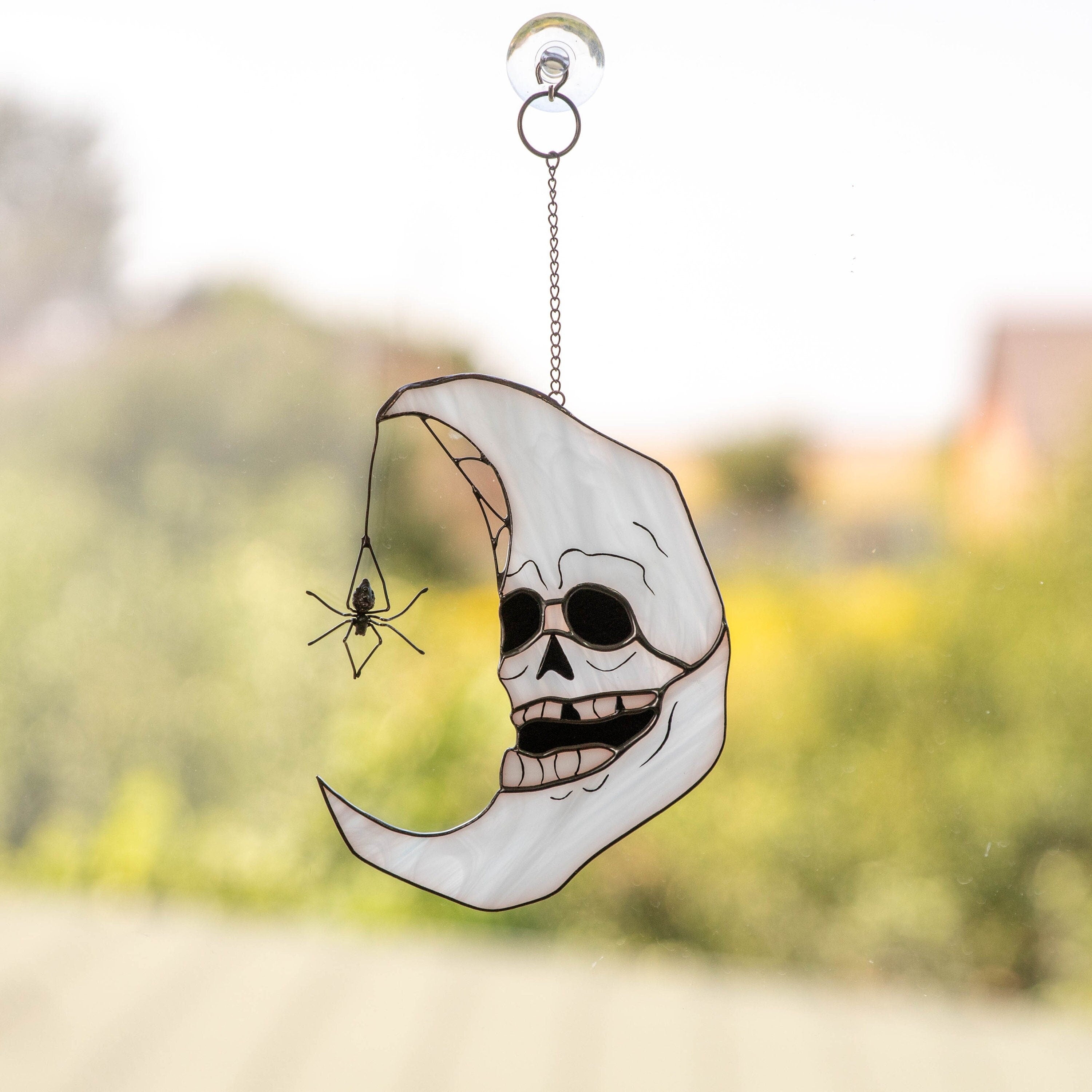 Halloween stained glass moon suncatcher Halloween gift Custom stained glass window hangings Halloween decor spider Stained glass spider web