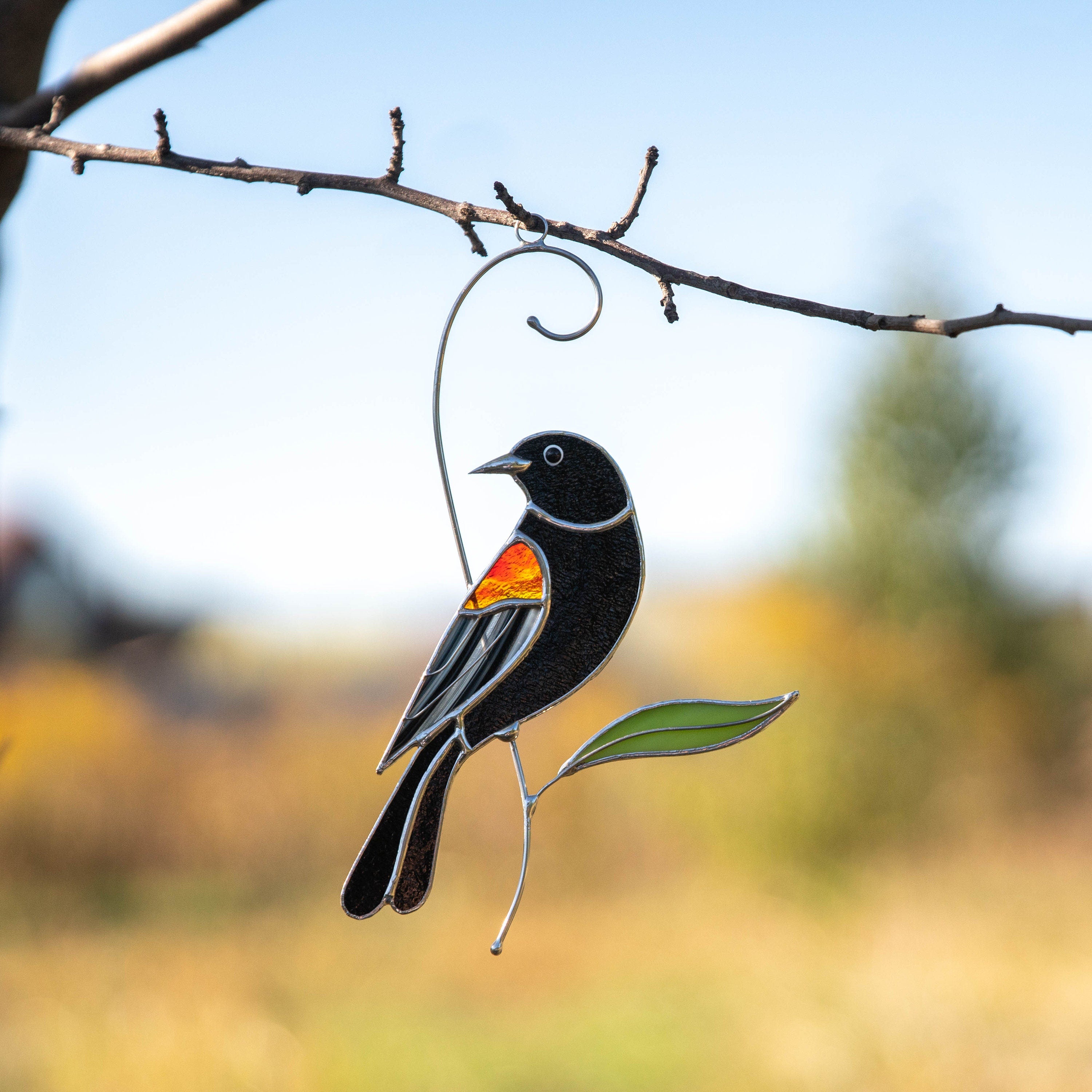Red winged blackbird stained glass bird suncatcher Grandma gifts Custom stained glass art Godfather gift