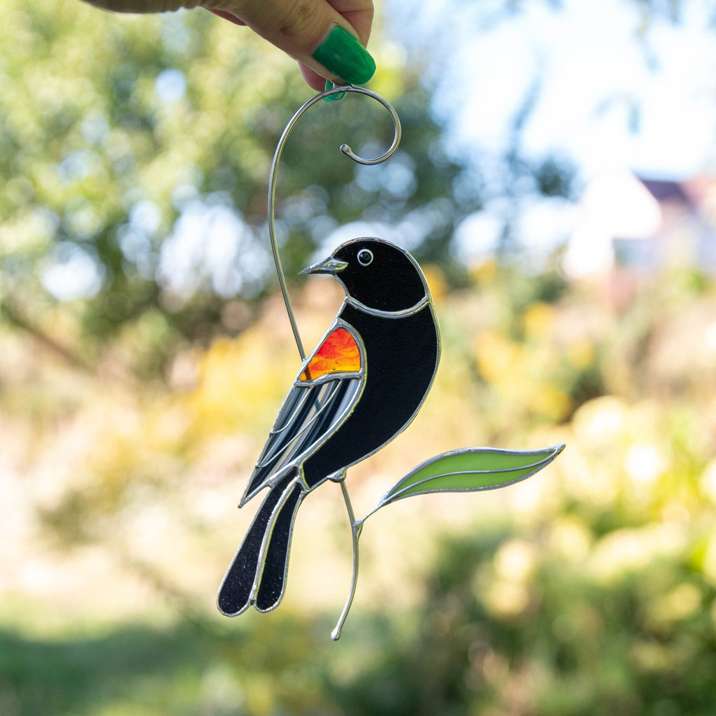 Red winged blackbird stained glass bird suncatcher Grandma gifts Custom stained glass art Godfather gift