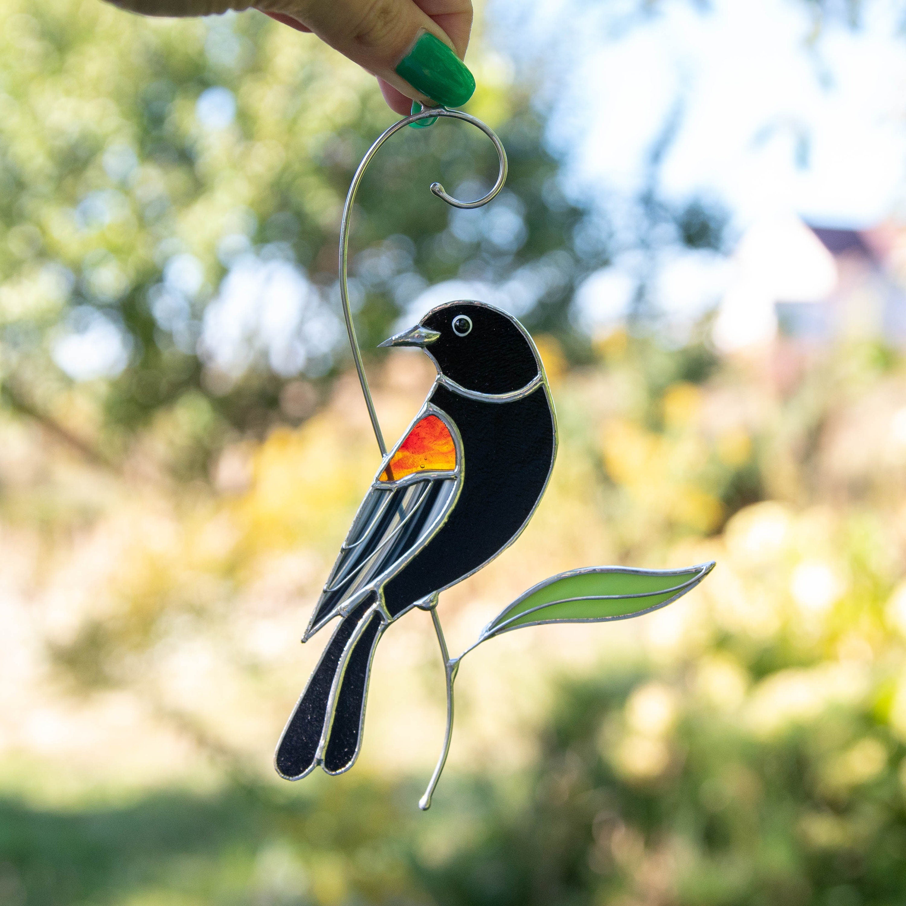 Red winged blackbird stained glass bird suncatcher Grandma gifts Custom stained glass art Godfather gift