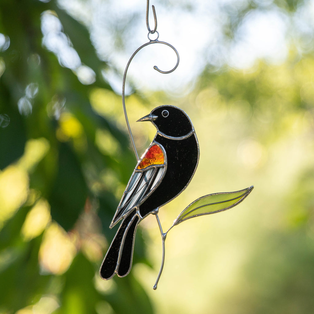 Red winged blackbird stained glass bird suncatcher Grandma gifts Custom stained glass art Godfather gift