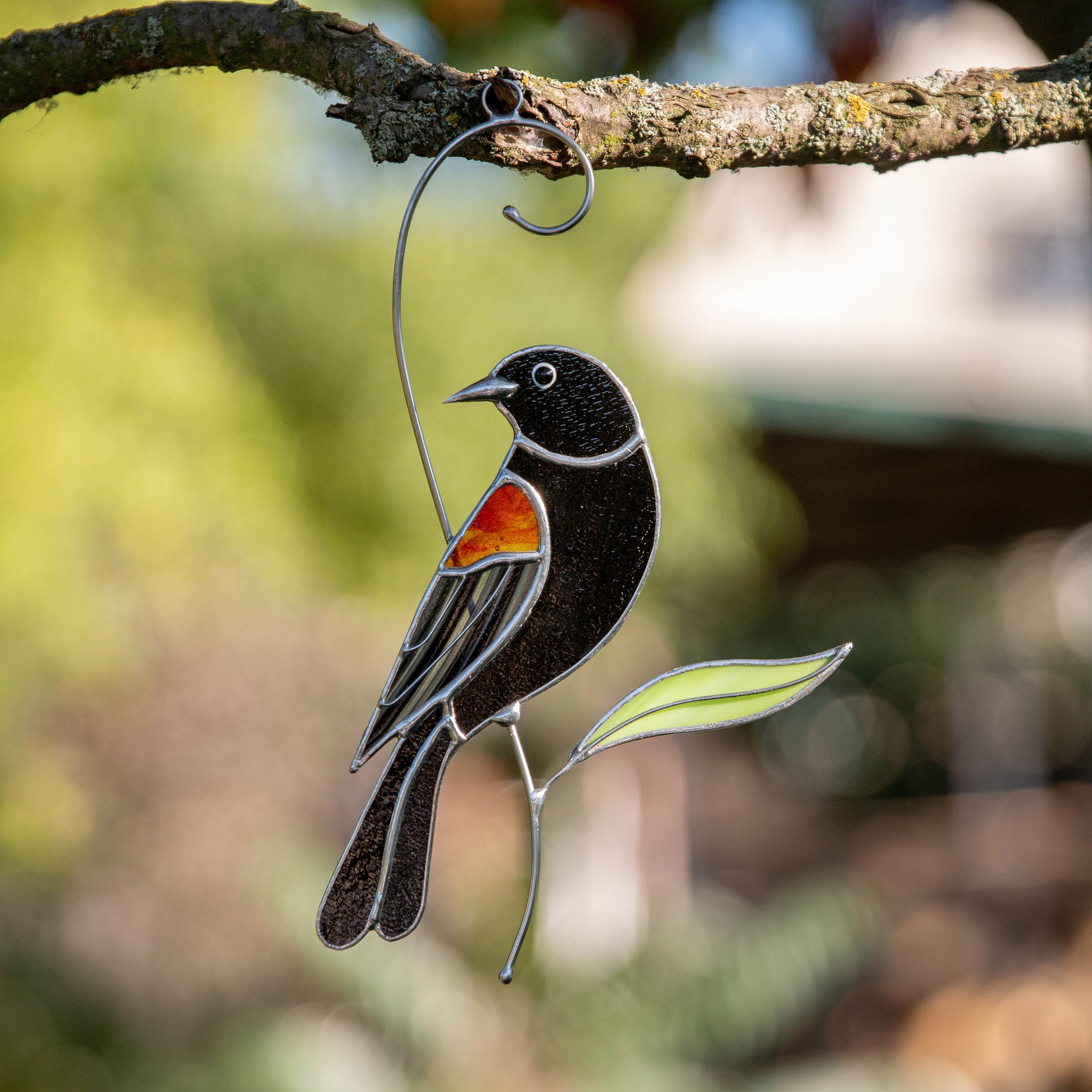 Red winged blackbird stained glass bird suncatcher Grandma gifts Custom stained glass art Godfather gift