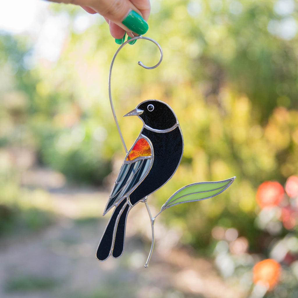 Red winged blackbird stained glass bird suncatcher Grandma gifts Custom stained glass art Godfather gift