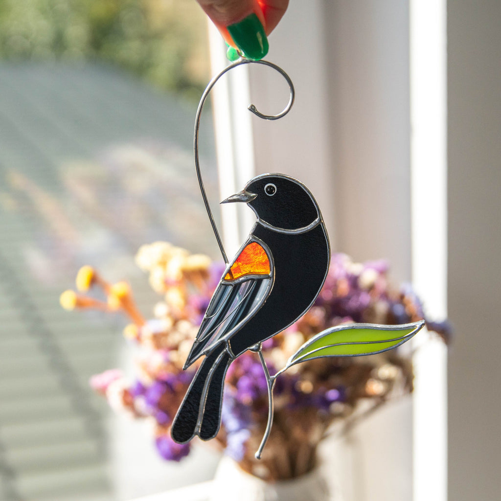 Red winged blackbird stained glass bird suncatcher Grandma gifts Custom stained glass art Godfather gift