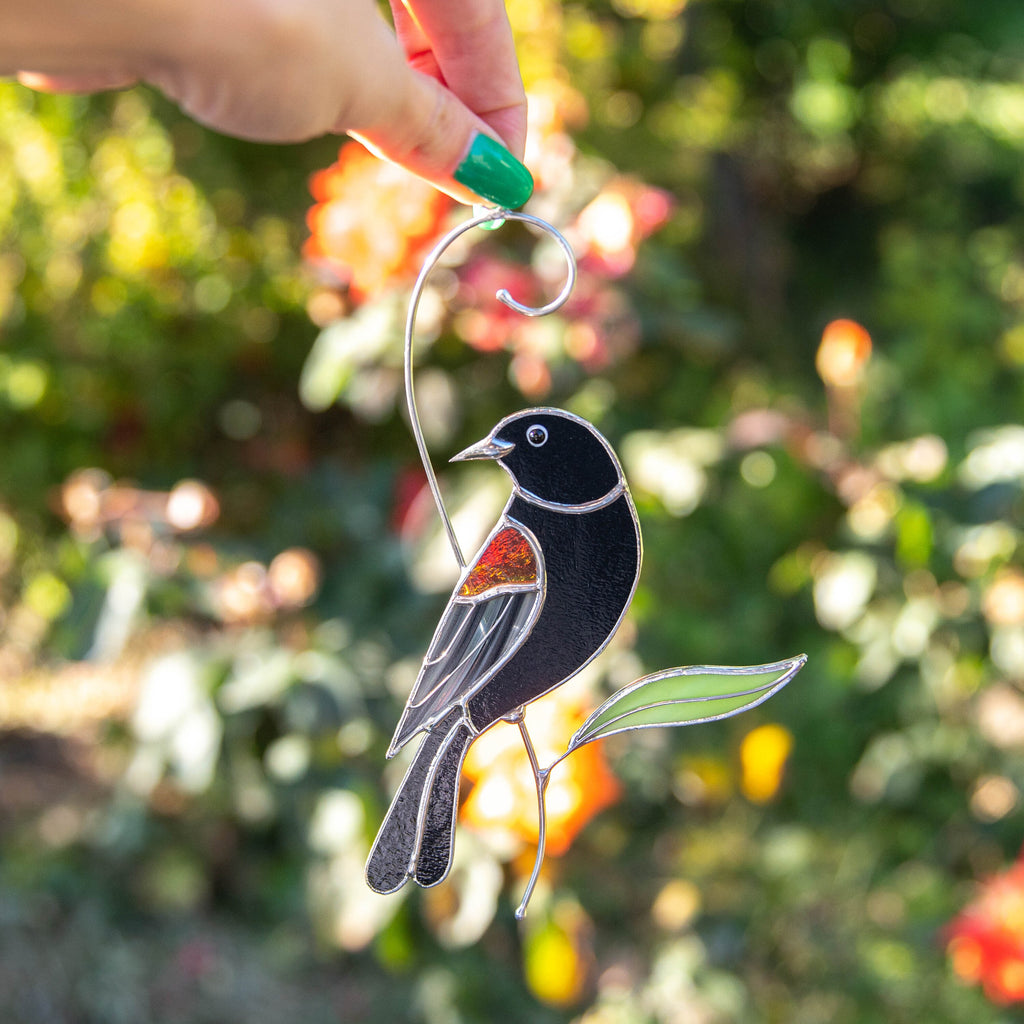 Red winged blackbird stained glass bird suncatcher Grandma gifts Custom stained glass art Godfather gift