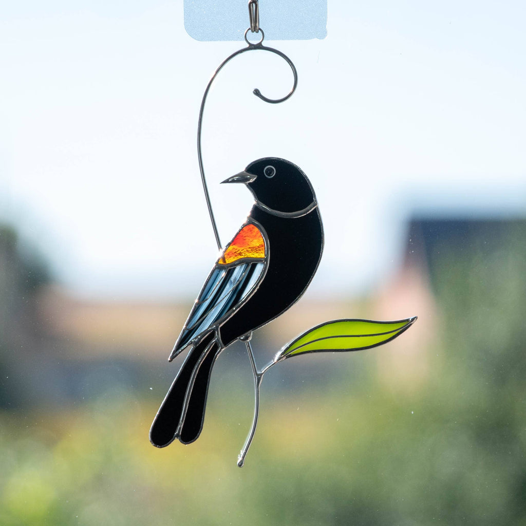 Red winged blackbird stained glass bird suncatcher Grandma gifts Custom stained glass art Godfather gift